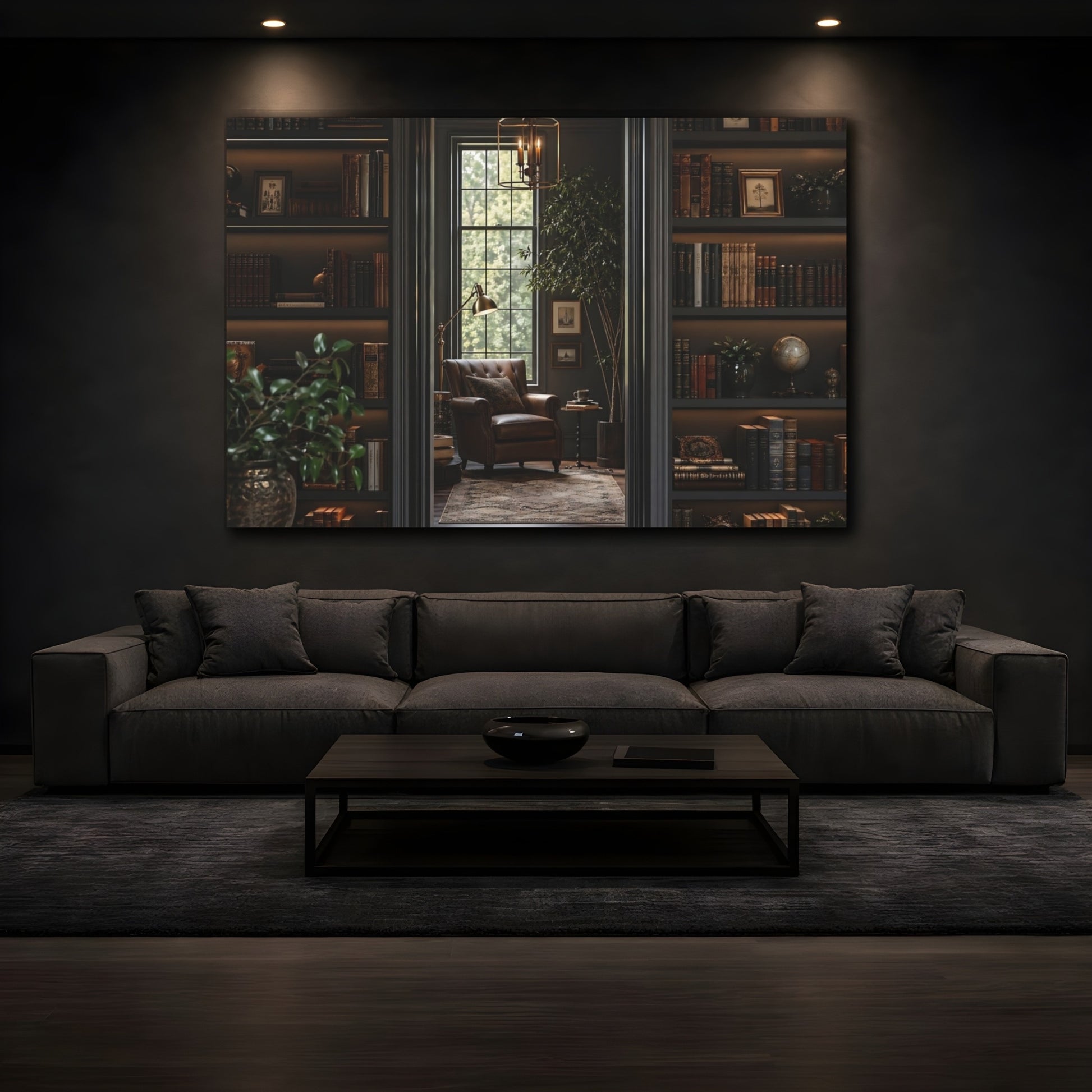 Mockup 3. Vintage Library Interior Dark Academia shown as stretched canvas wall art