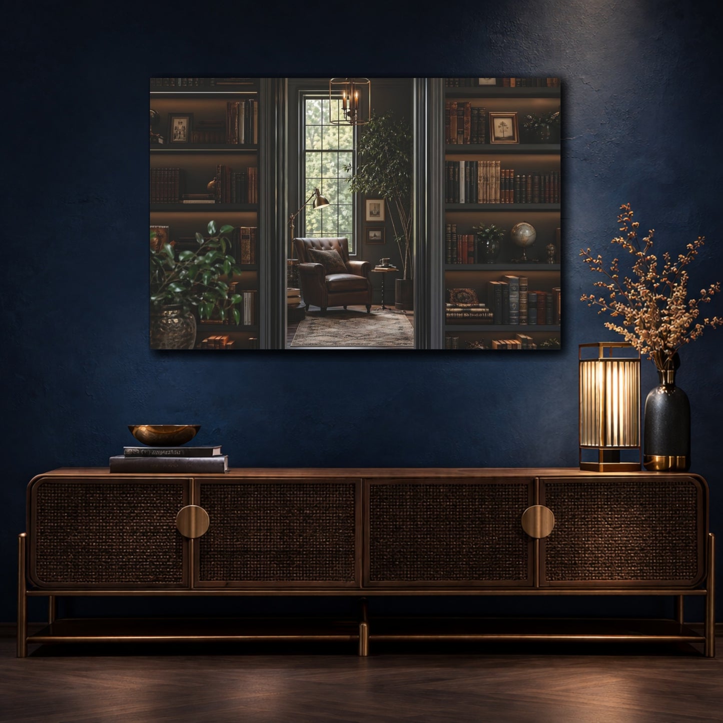 Mockup 4. Vintage Library Interior Dark Academia shown as stretched canvas wall art