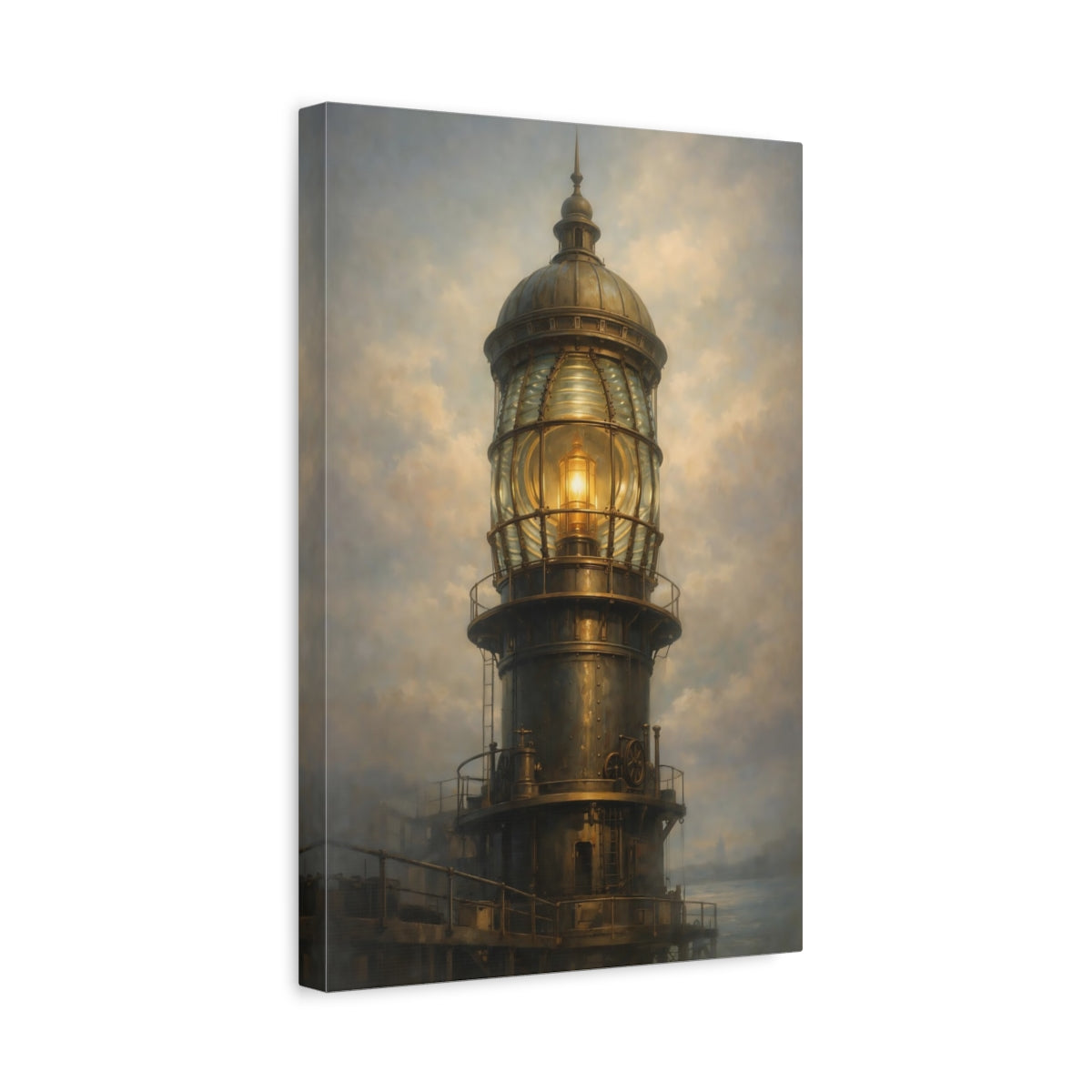 Side Mockup 4. Vintage Lighthouse Bronze And Gold Lighthouse shown as stretched canvas wall art
