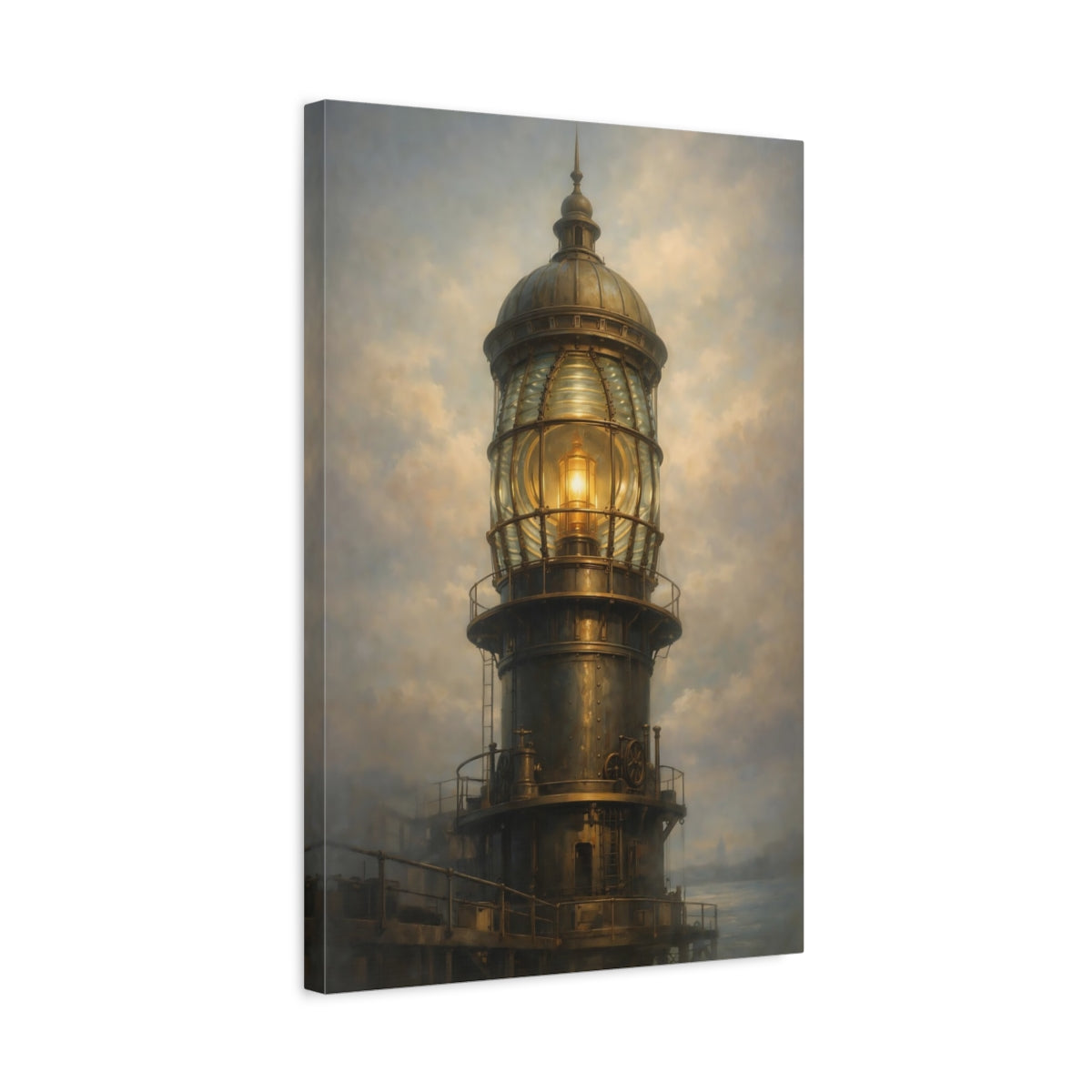 Side Mockup 3. Vintage Lighthouse Bronze And Gold Lighthouse shown as stretched canvas wall art