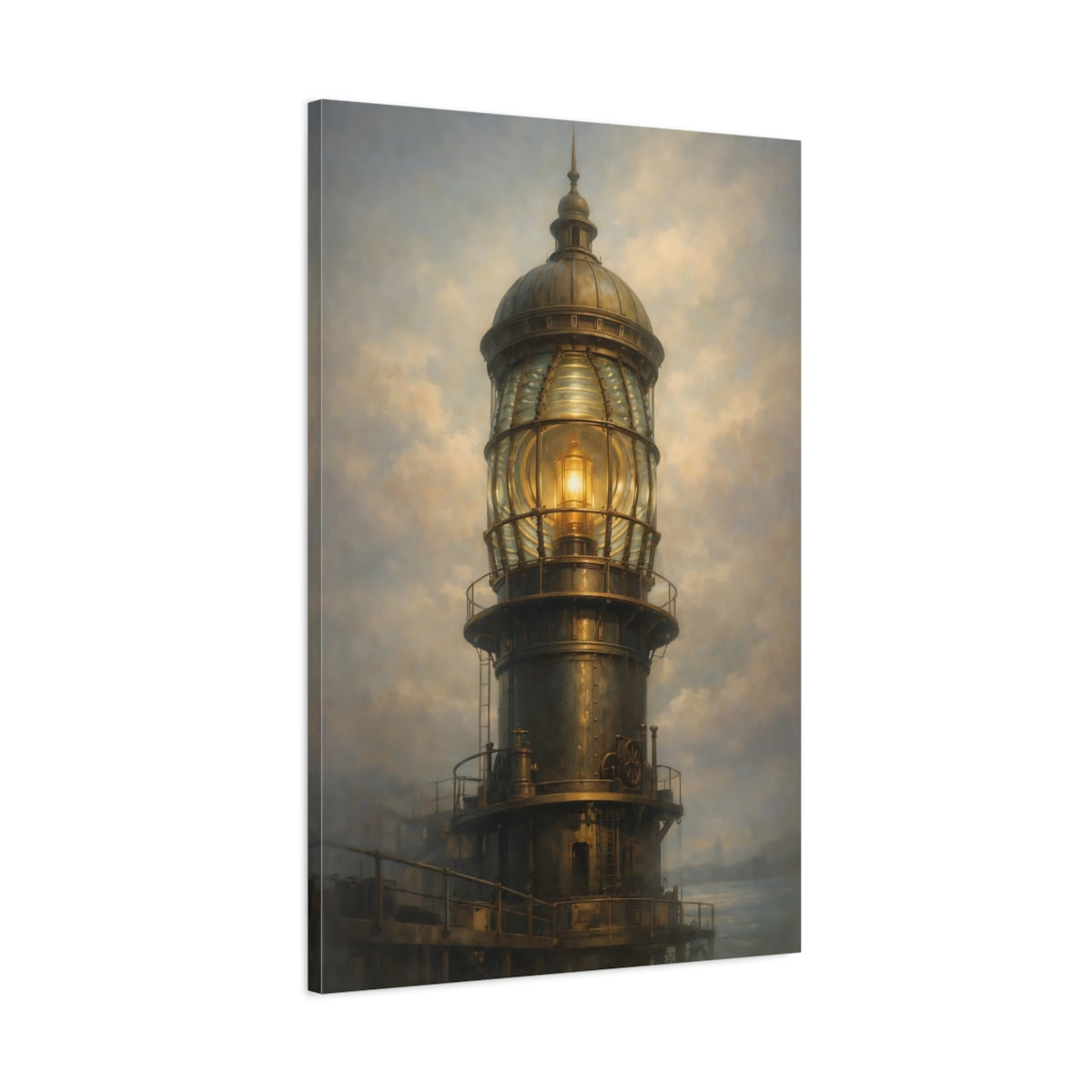 Side Mockup 1. Vintage Lighthouse Bronze And Gold Lighthouse shown as stretched canvas wall art