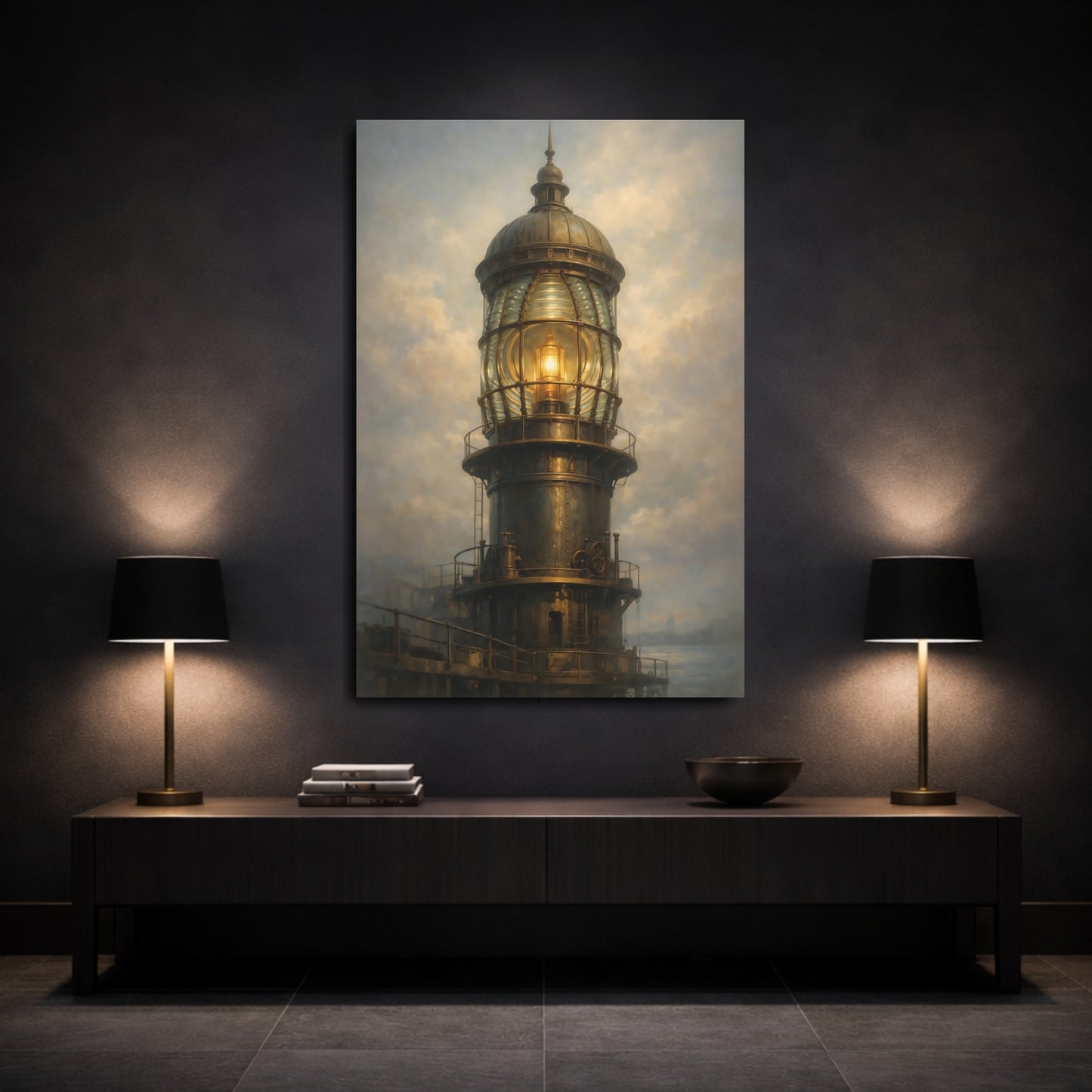 Mockup 2. Vintage Lighthouse Bronze And Gold Lighthouse shown as stretched canvas wall art