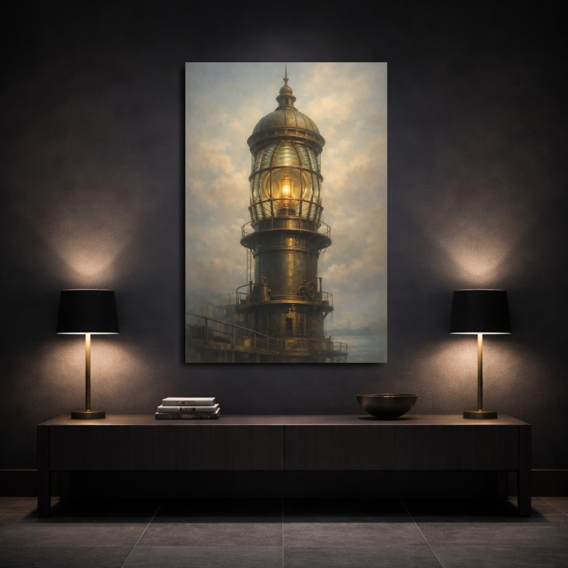 Mockup 2. Vintage Lighthouse Bronze And Gold Lighthouse shown as stretched canvas wall art