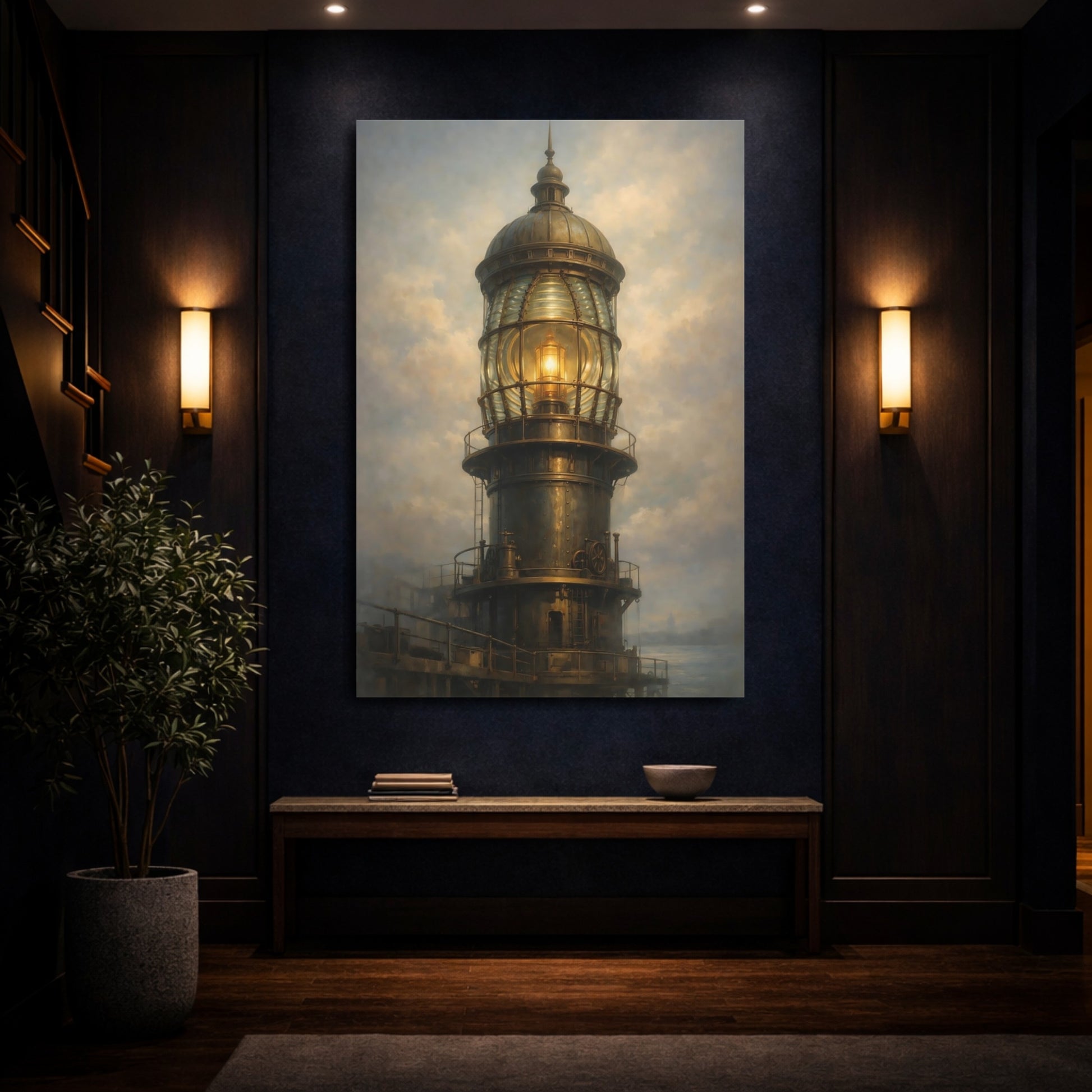 Mockup 3. Vintage Lighthouse Bronze And Gold Lighthouse shown as stretched canvas wall art