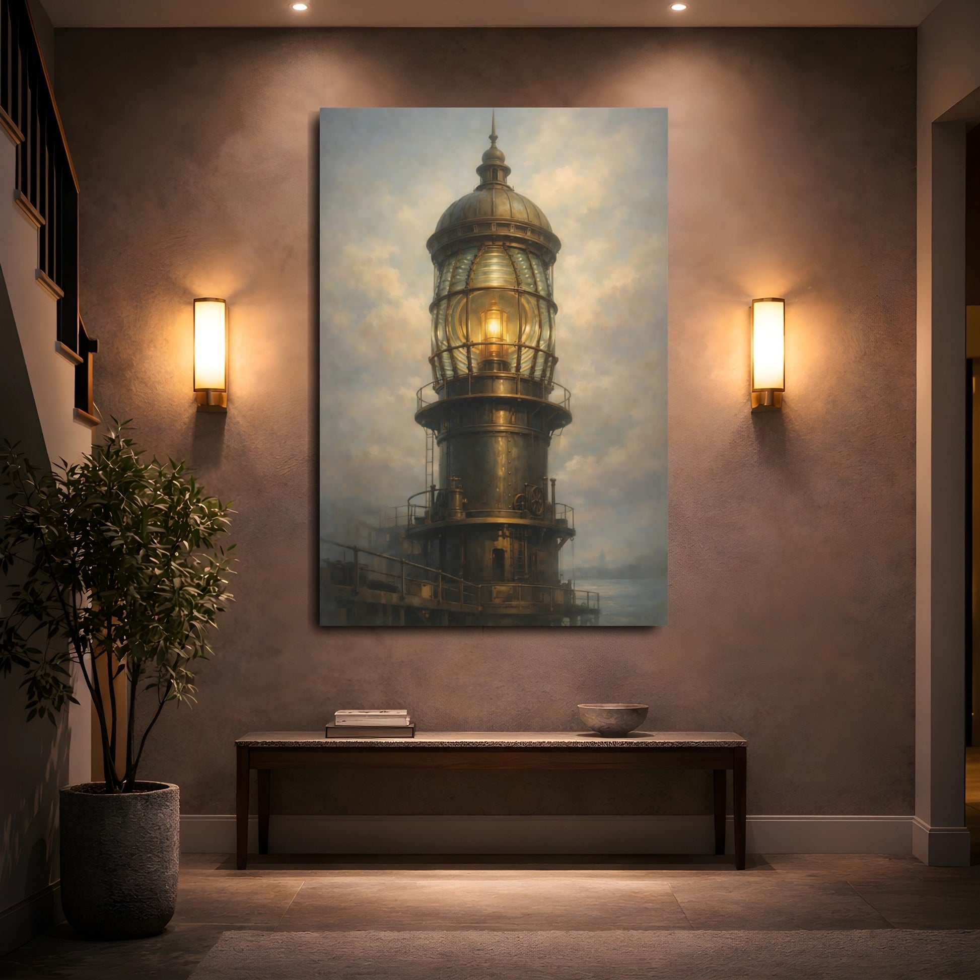 Mockup 4. Vintage Lighthouse Bronze And Gold Lighthouse shown as stretched canvas wall art