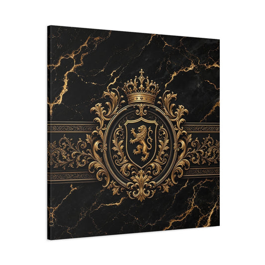 Main Mockup. Vintage Lion Crest Gold And Black shown as stretched canvas wall art