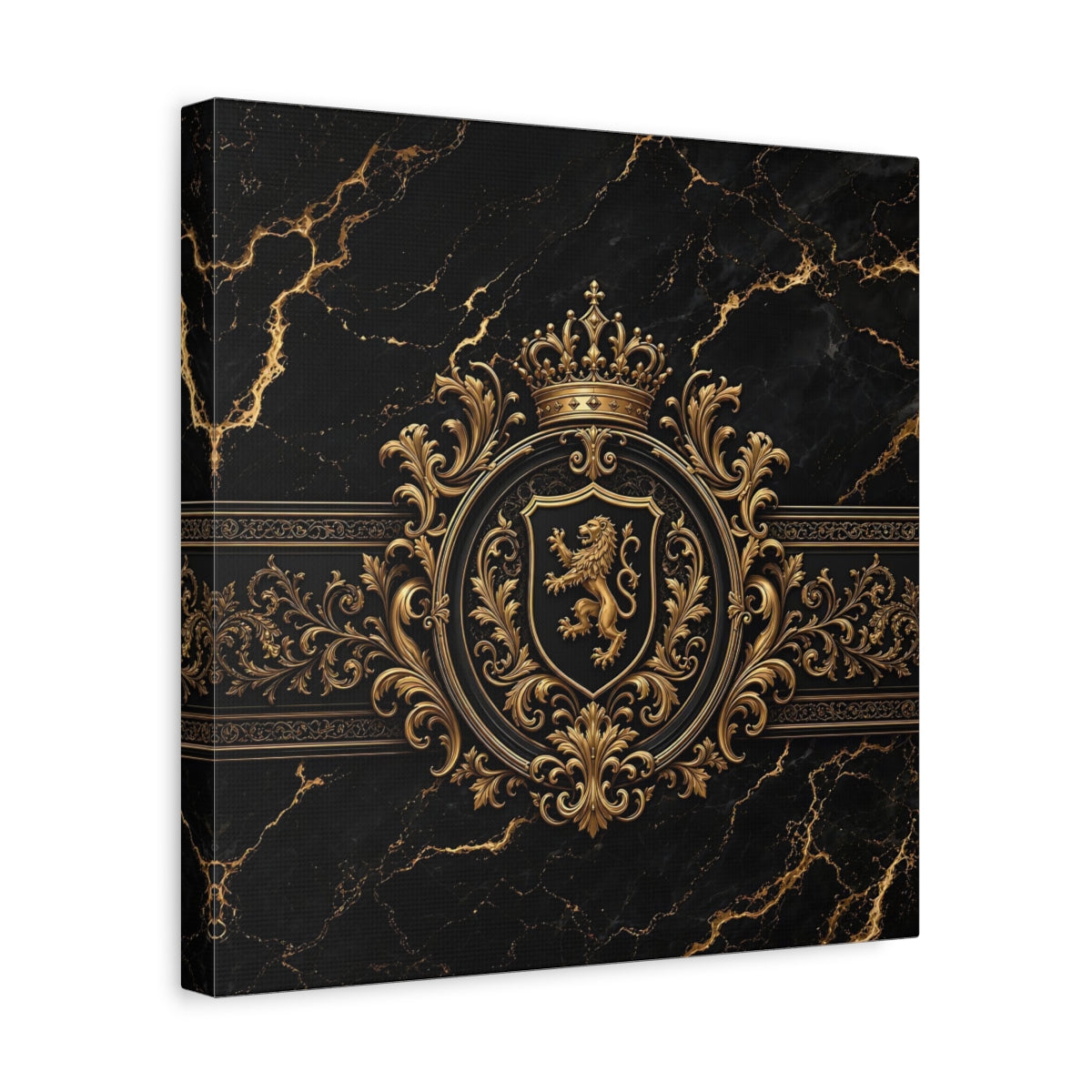 Side Mockup 7. Vintage Lion Crest Gold And Black shown as stretched canvas wall art