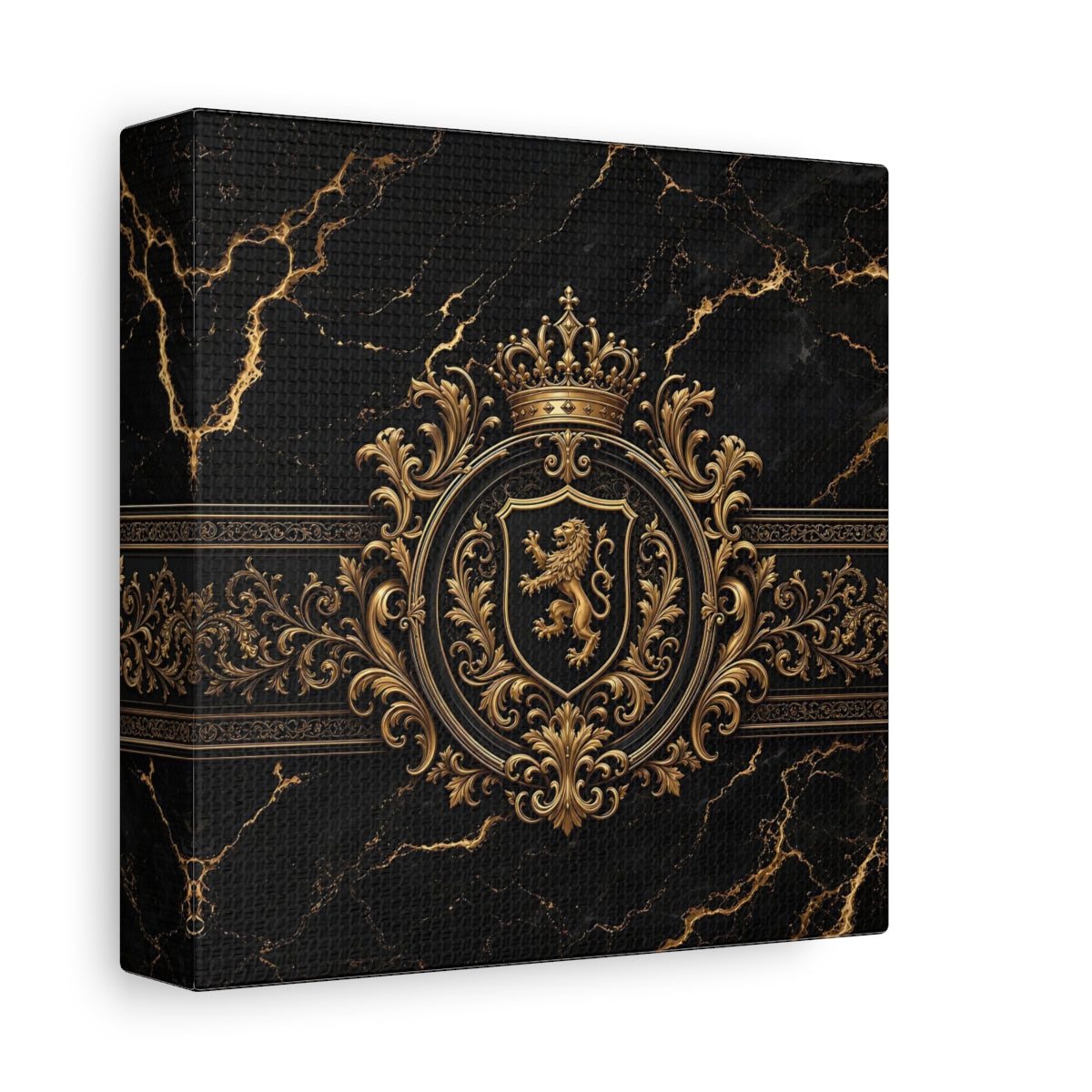 Side Mockup 2. Vintage Lion Crest Gold And Black shown as stretched canvas wall art