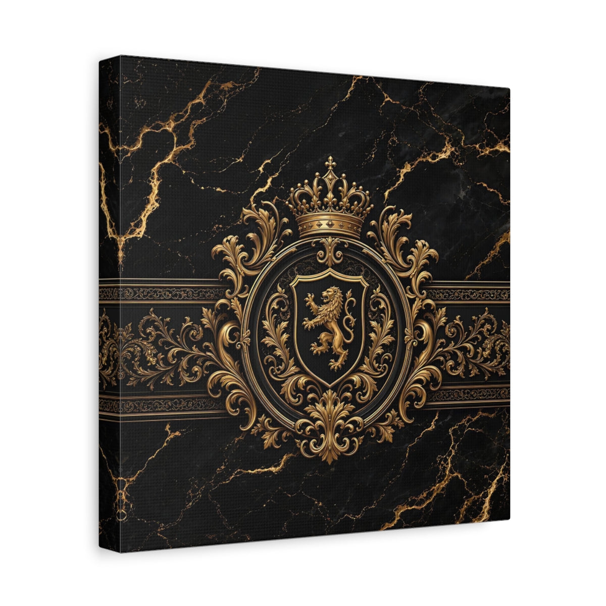 Side Mockup 8. Vintage Lion Crest Gold And Black shown as stretched canvas wall art