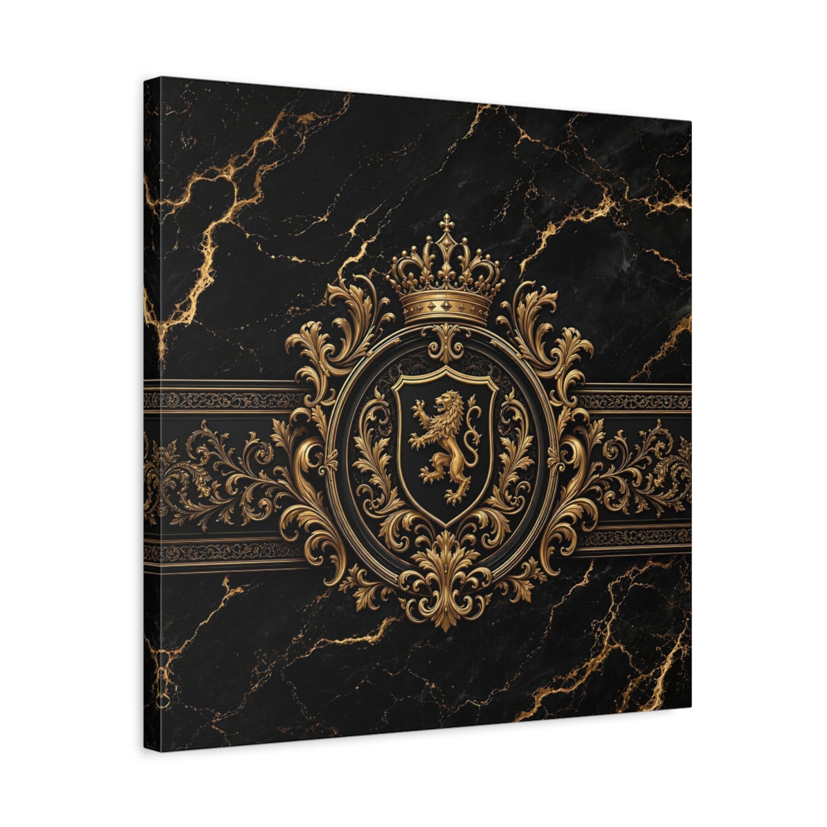 Side Mockup 5. Vintage Lion Crest Gold And Black shown as stretched canvas wall art