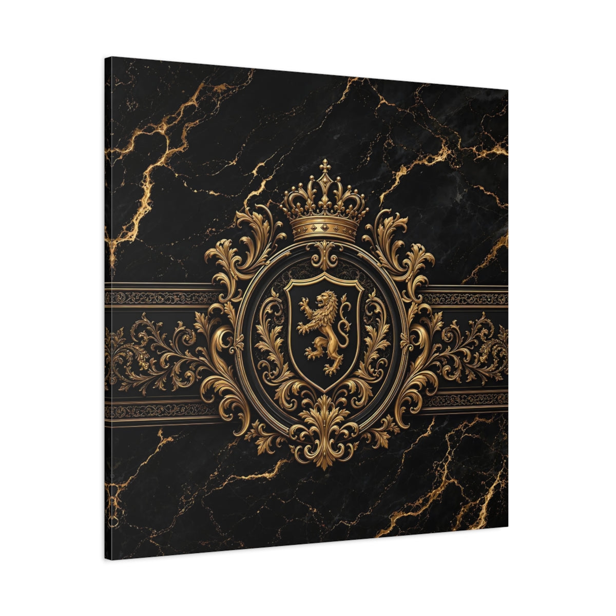 Side Mockup 1. Vintage Lion Crest Gold And Black shown as stretched canvas wall art