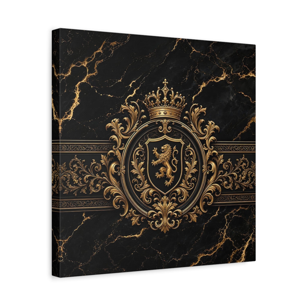 Side Mockup 6. Vintage Lion Crest Gold And Black shown as stretched canvas wall art