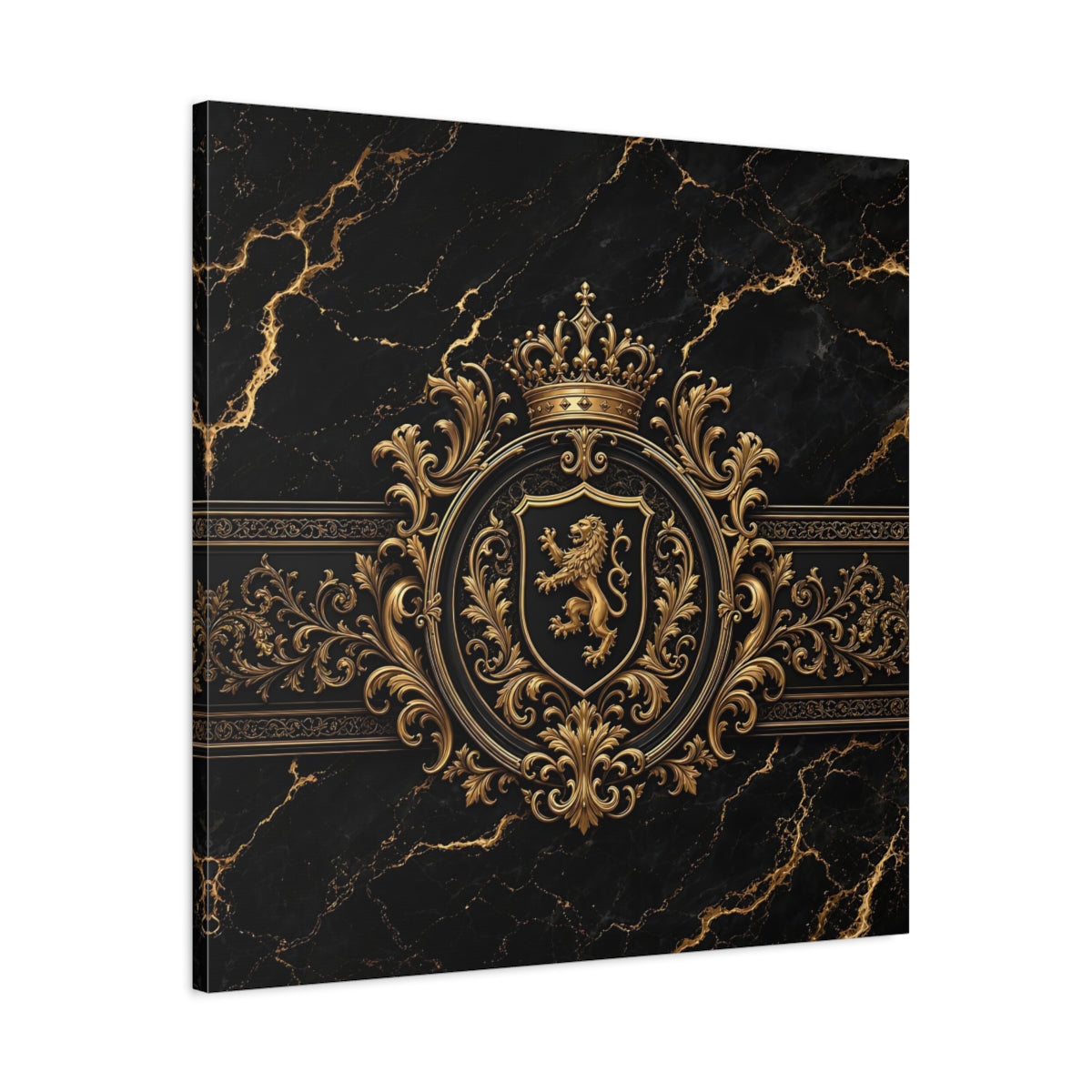 Side Mockup 3. Vintage Lion Crest Gold And Black shown as stretched canvas wall art