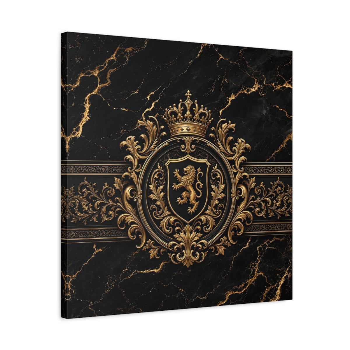 Side Mockup 4. Vintage Lion Crest Gold And Black shown as stretched canvas wall art
