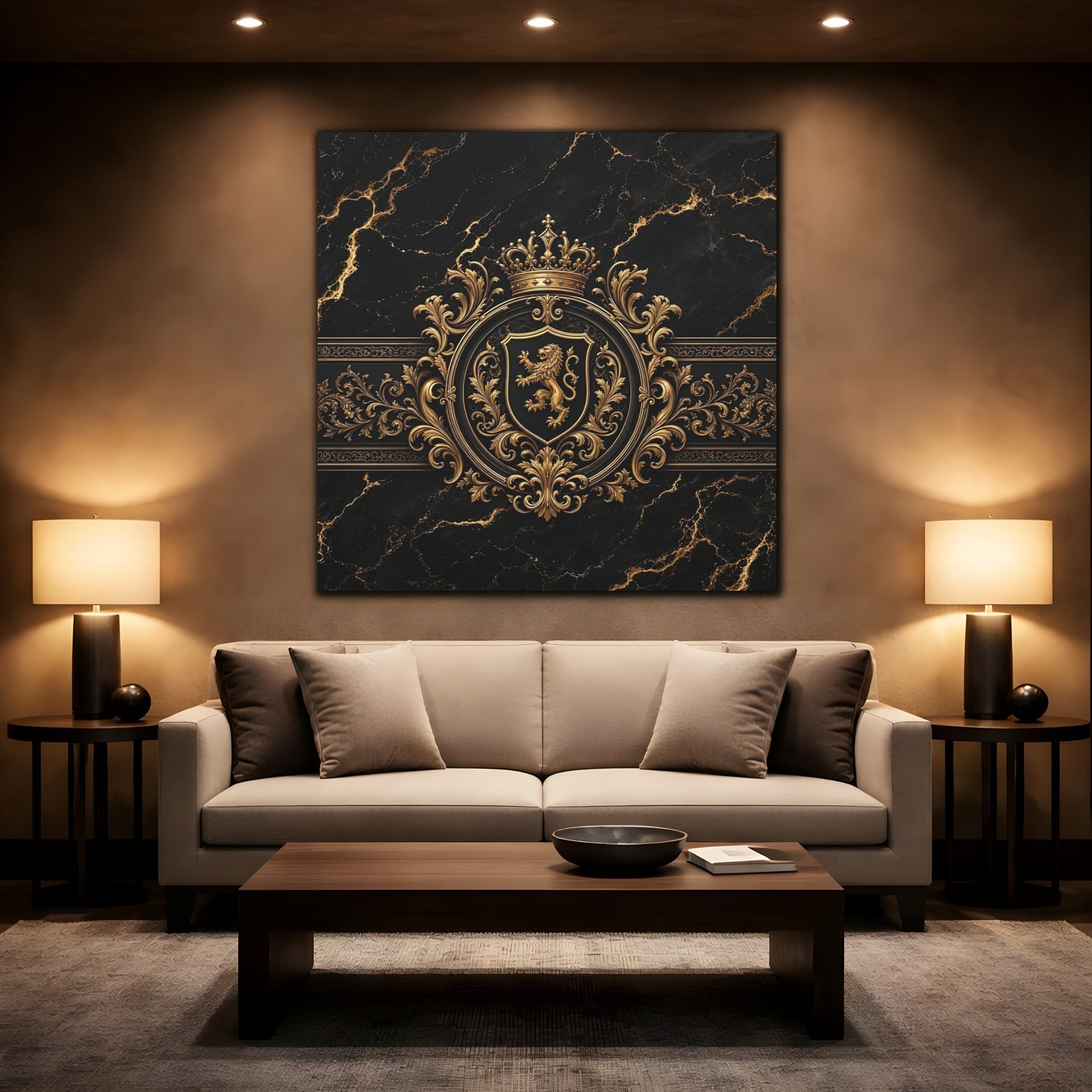 Mockup 2. Vintage Lion Crest Gold And Black shown as stretched canvas wall art