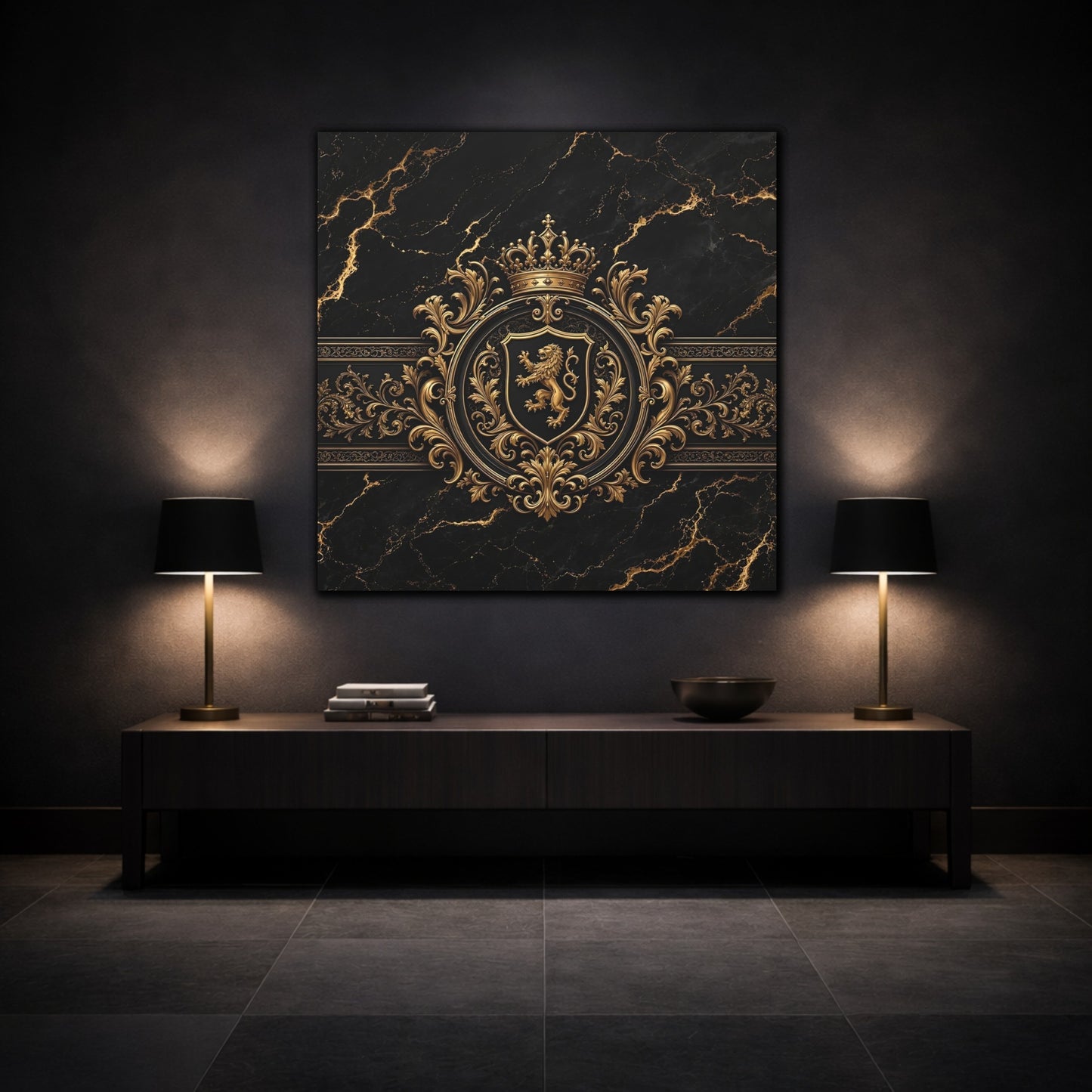Mockup 3. Vintage Lion Crest Gold And Black shown as stretched canvas wall art