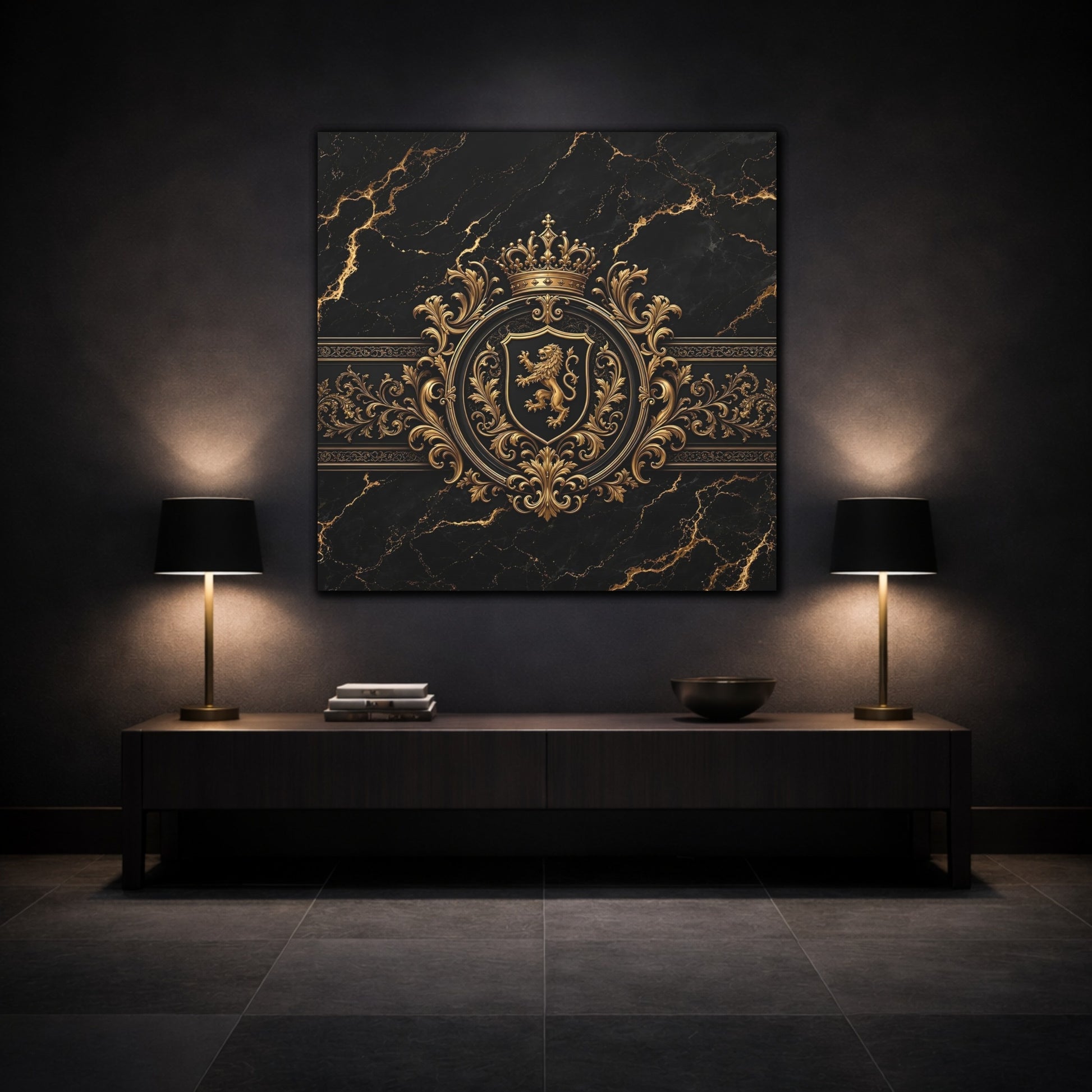 Mockup 3. Vintage Lion Crest Gold And Black shown as stretched canvas wall art