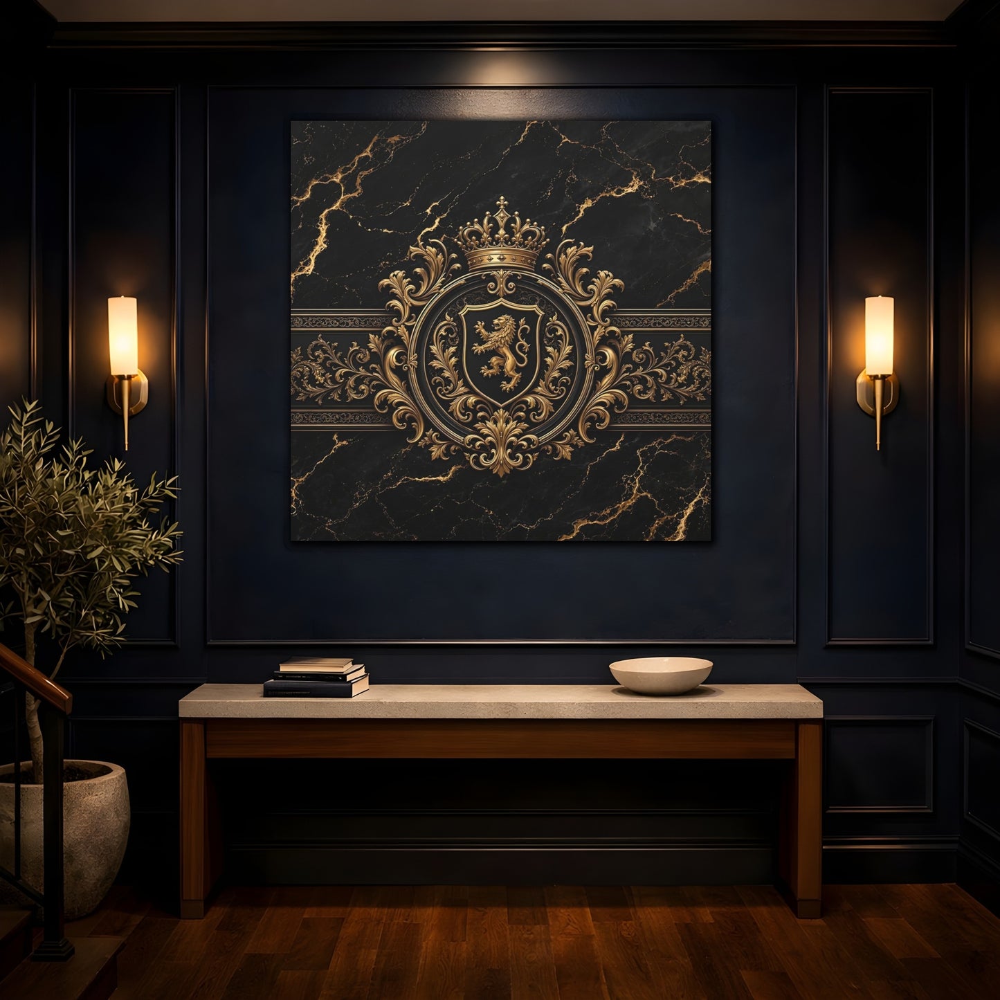 Mockup 4. Vintage Lion Crest Gold And Black shown as stretched canvas wall art