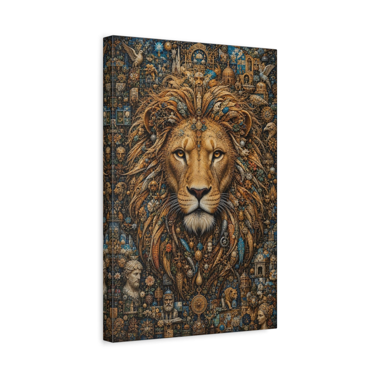 Side Mockup 4. Vintage Lion Gold And Blue Lion shown as stretched canvas wall art