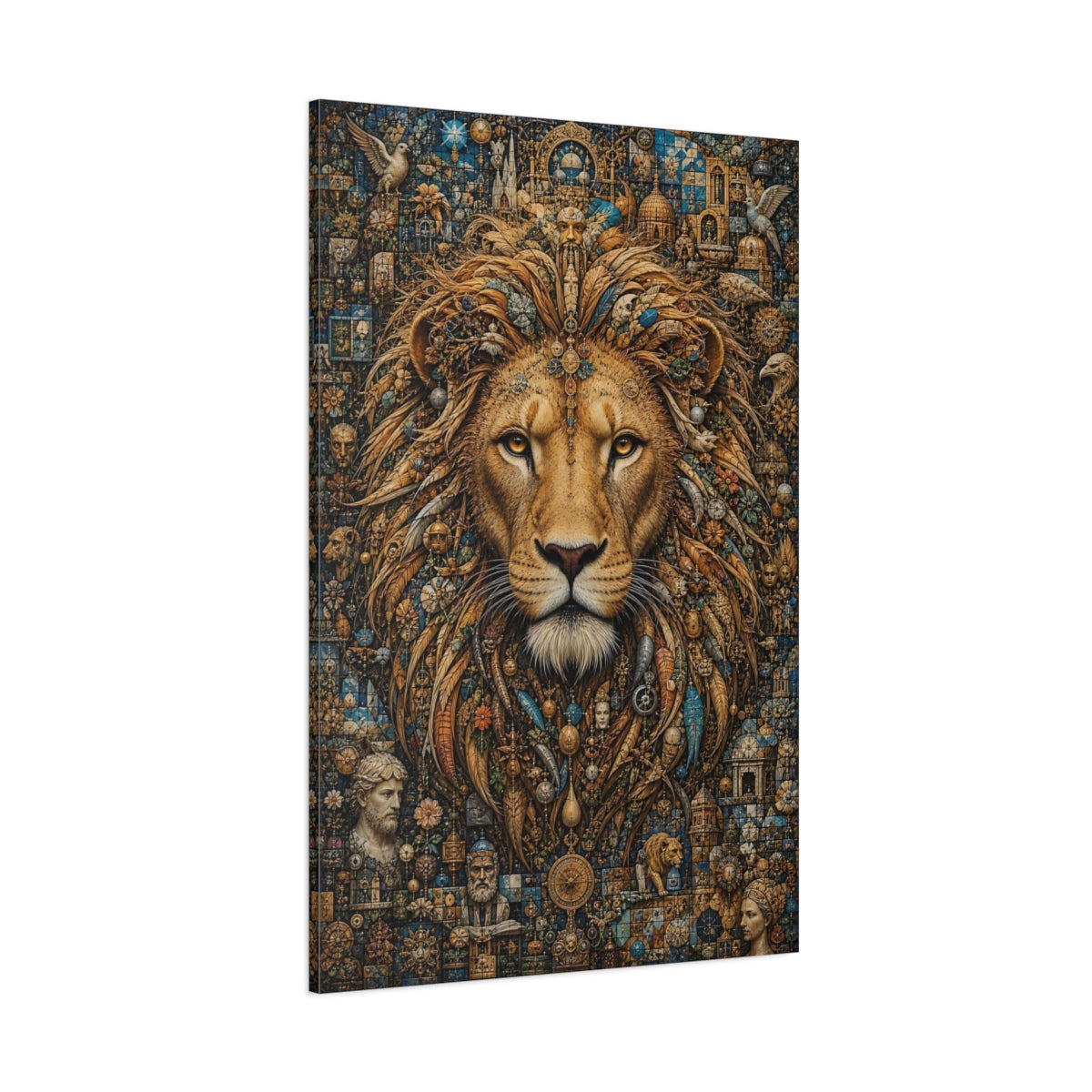Side Mockup 1. Vintage Lion Gold And Blue Lion shown as stretched canvas wall art