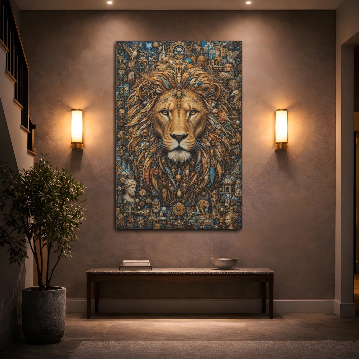 Mockup 2. Vintage Lion Gold And Blue Lion shown as stretched canvas wall art
