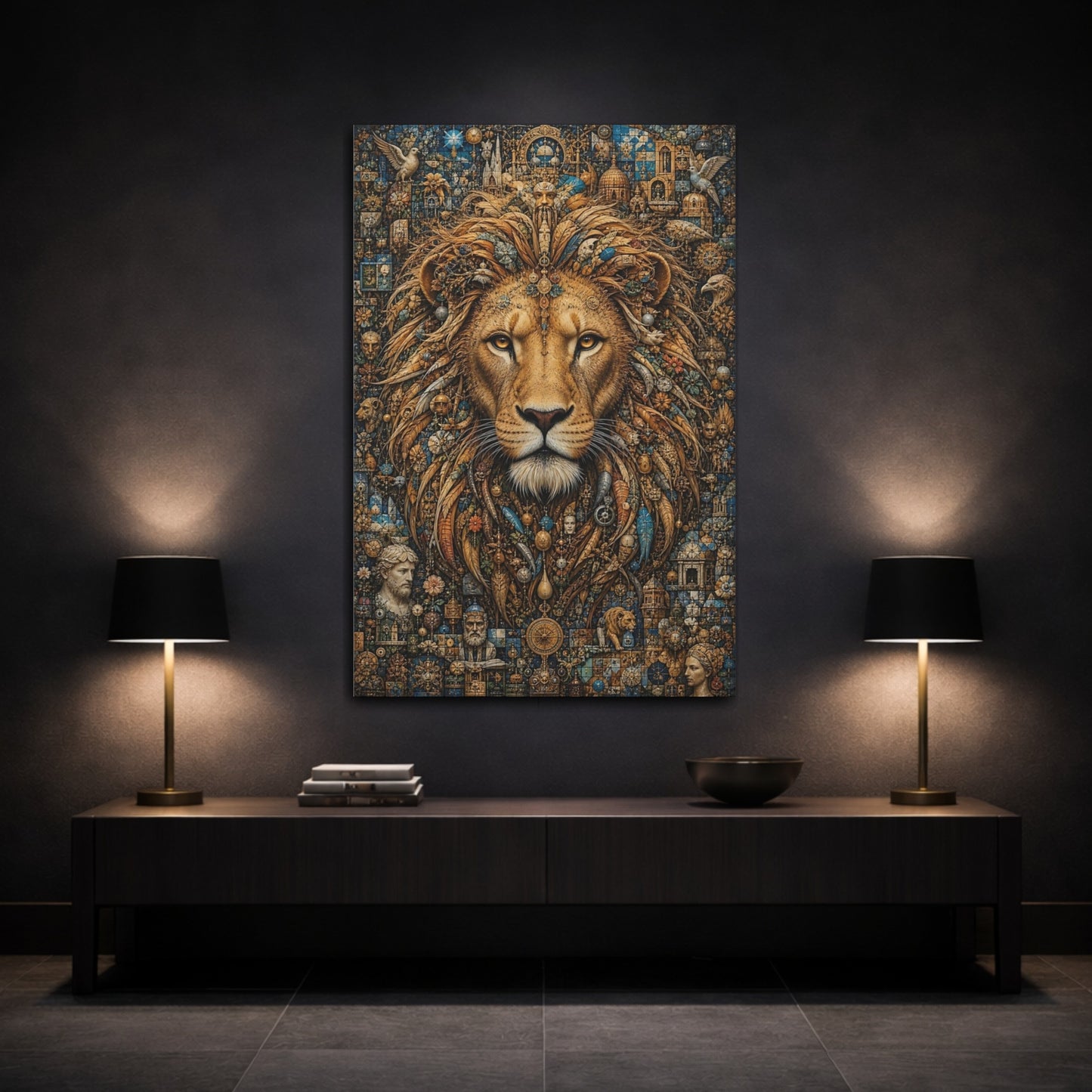 Mockup 3. Vintage Lion Gold And Blue Lion shown as stretched canvas wall art