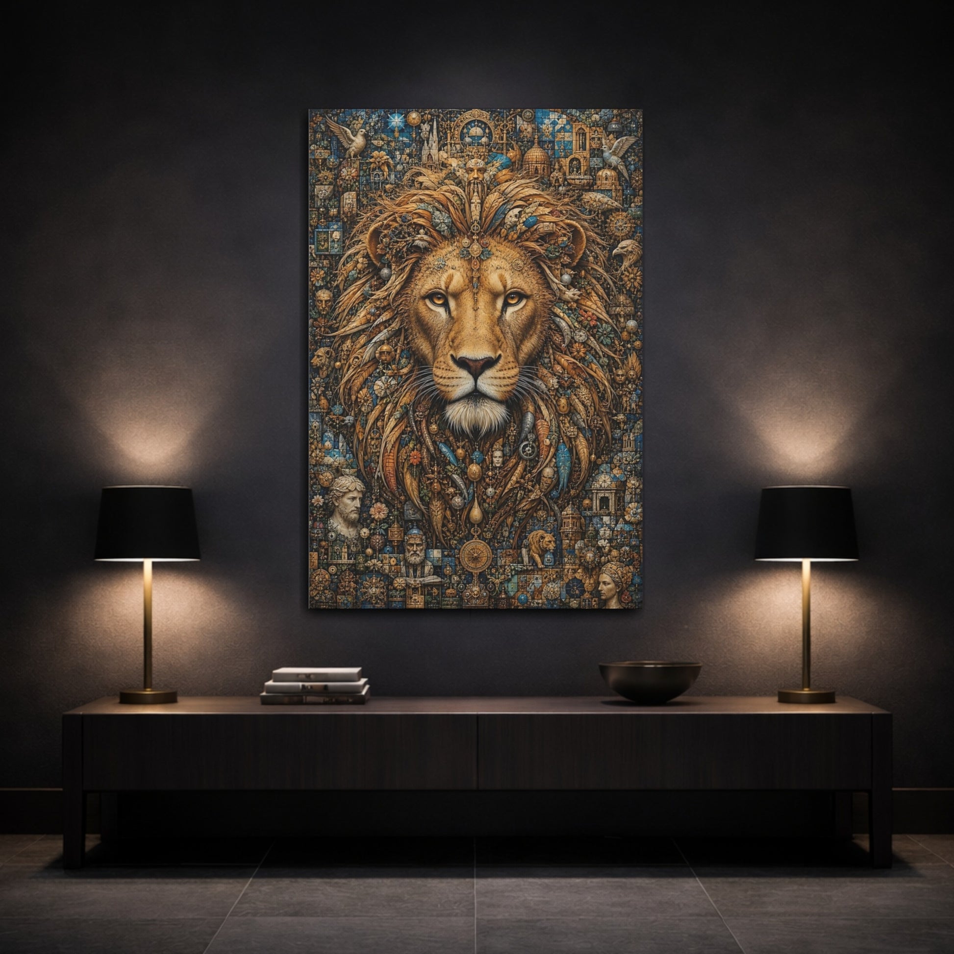 Mockup 3. Vintage Lion Gold And Blue Lion shown as stretched canvas wall art