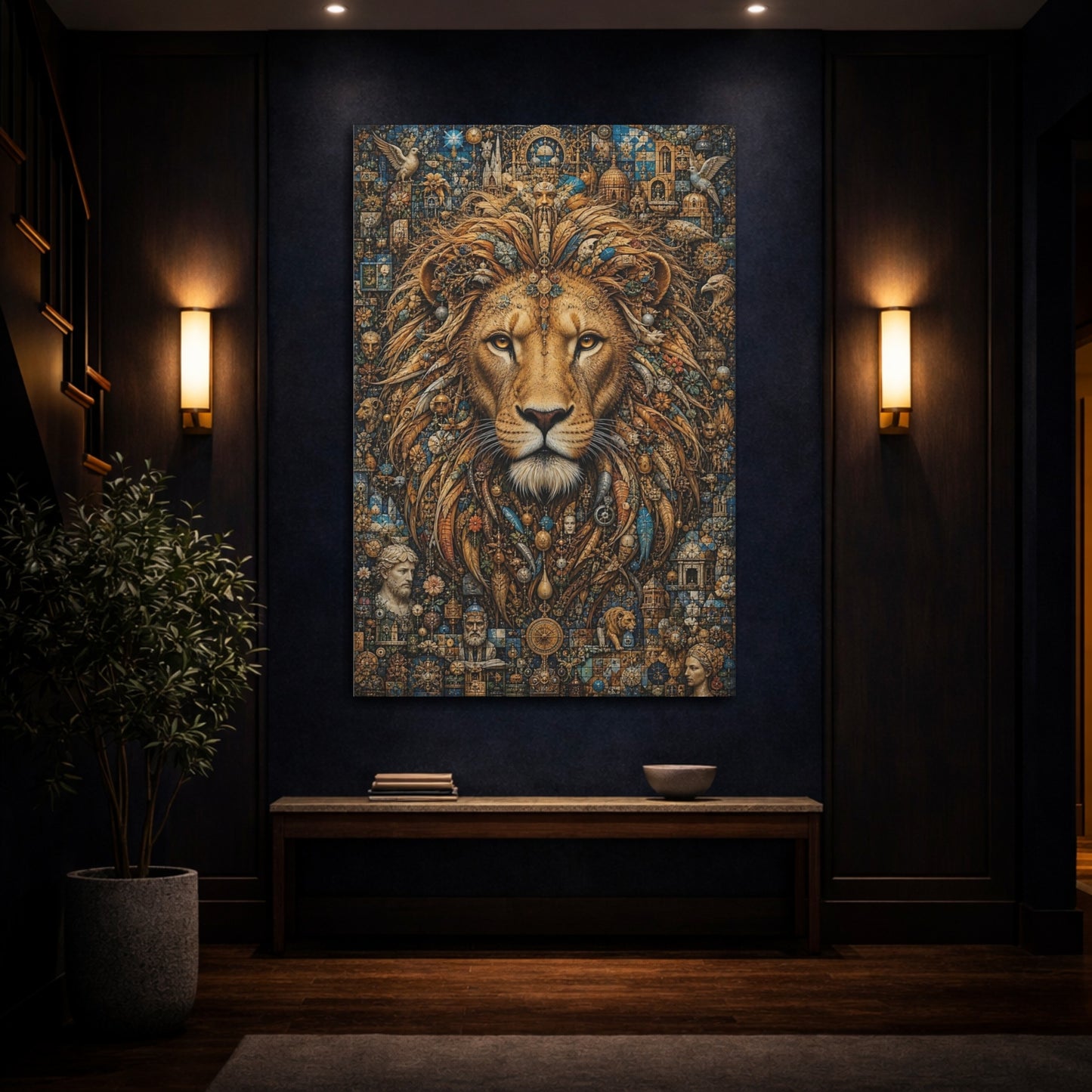 Mockup 4. Vintage Lion Gold And Blue Lion shown as stretched canvas wall art