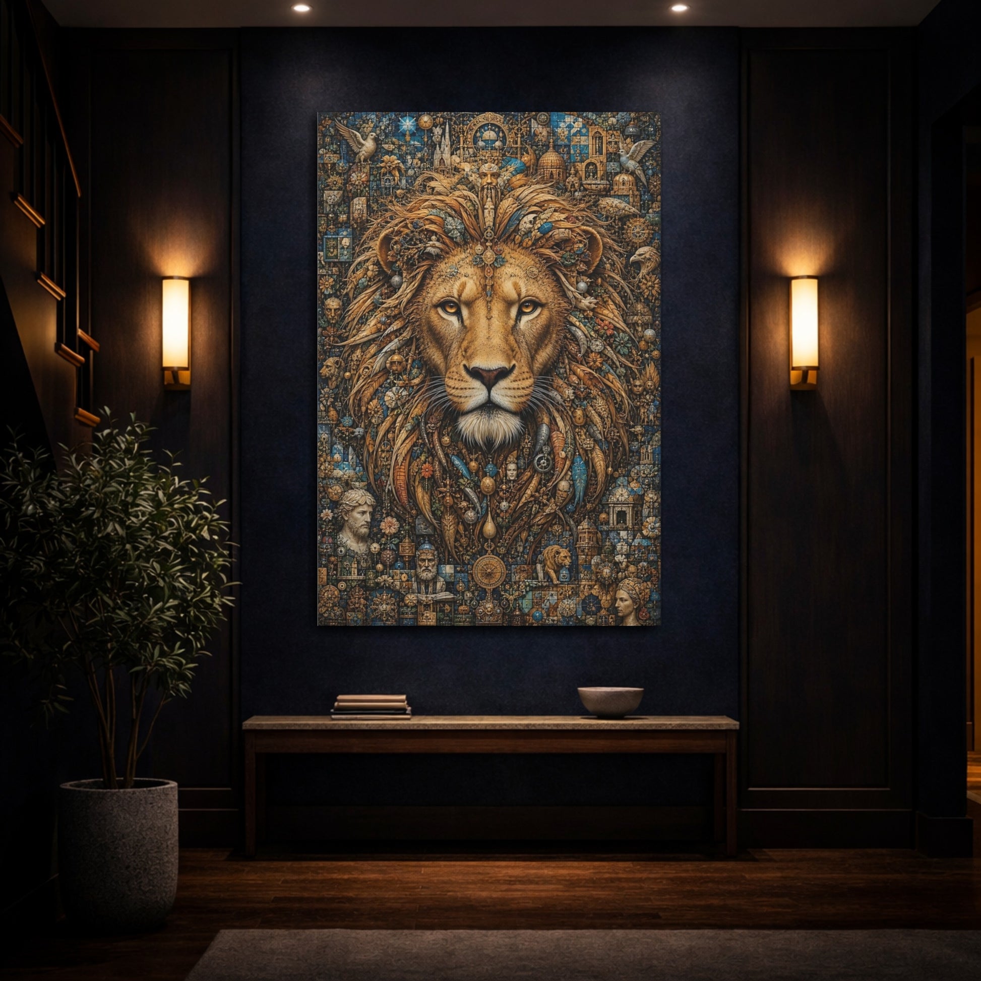 Mockup 4. Vintage Lion Gold And Blue Lion shown as stretched canvas wall art
