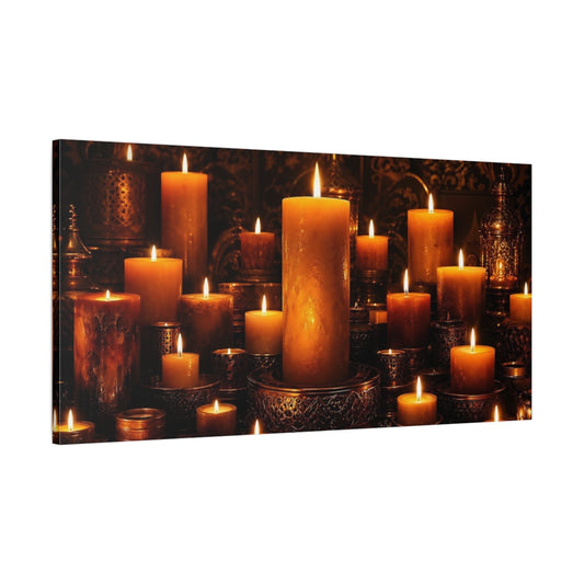 Main Mockup. Vintage Lit Candles Golden Candles shown as stretched canvas wall art