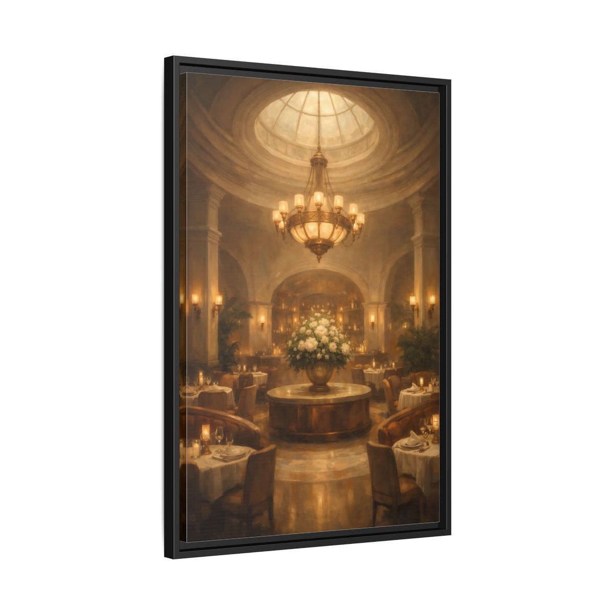 Side Mockup 14. Vintage Luxury Restaurant Warm Luxury Interior shown as stretched canvas wall art