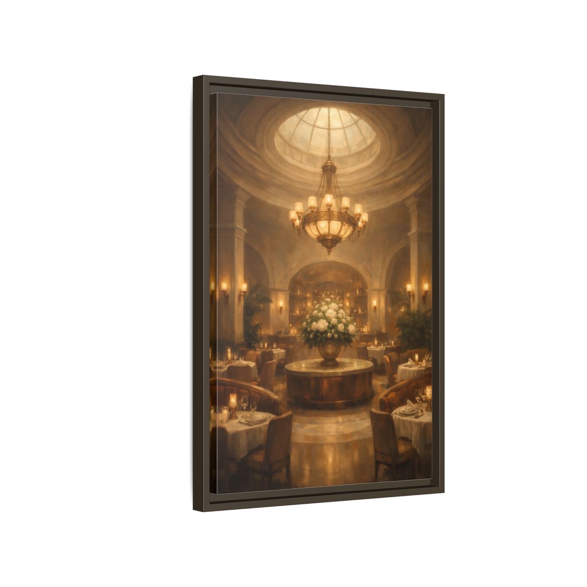 Side Mockup 2. Vintage Luxury Restaurant Warm Luxury Interior shown as stretched canvas wall art
