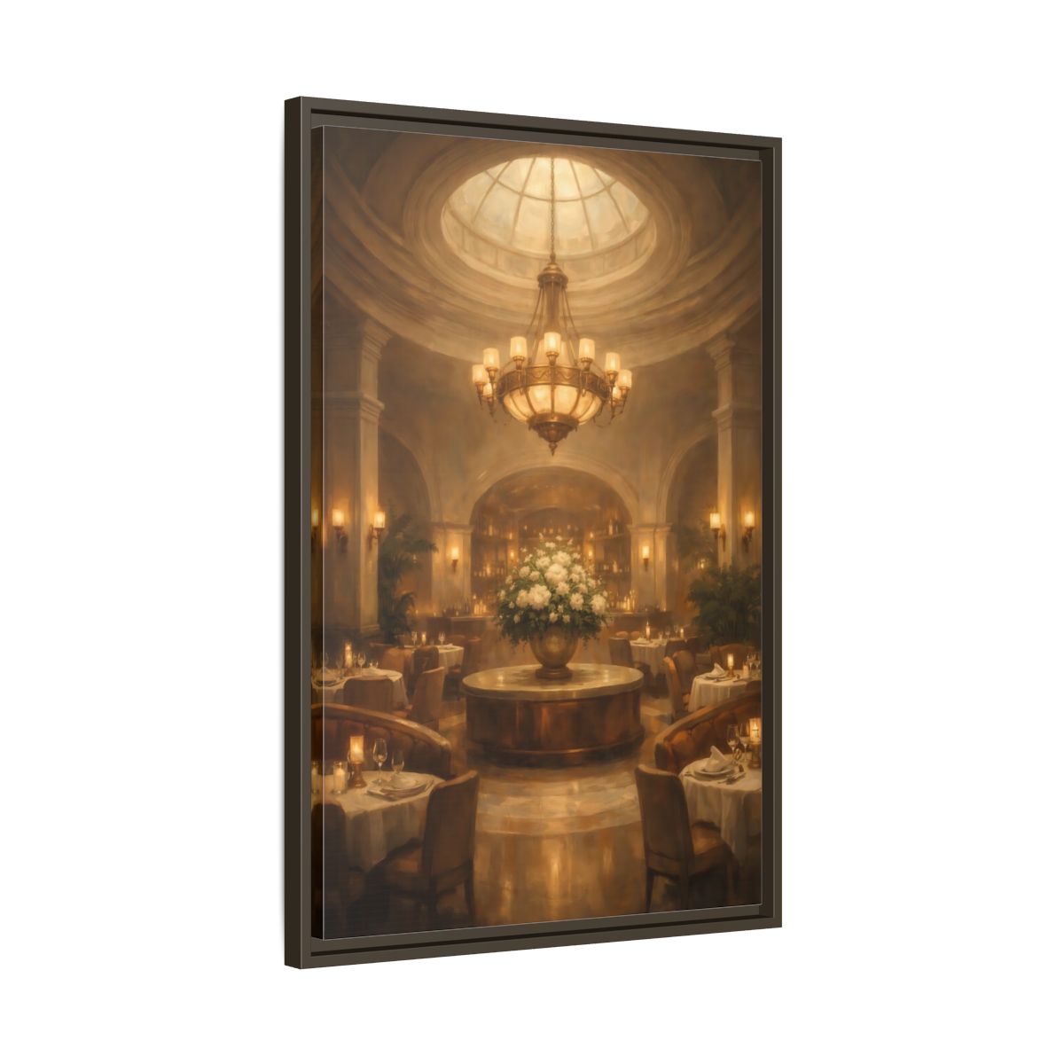Side Mockup 12. Vintage Luxury Restaurant Warm Luxury Interior shown as stretched canvas wall art