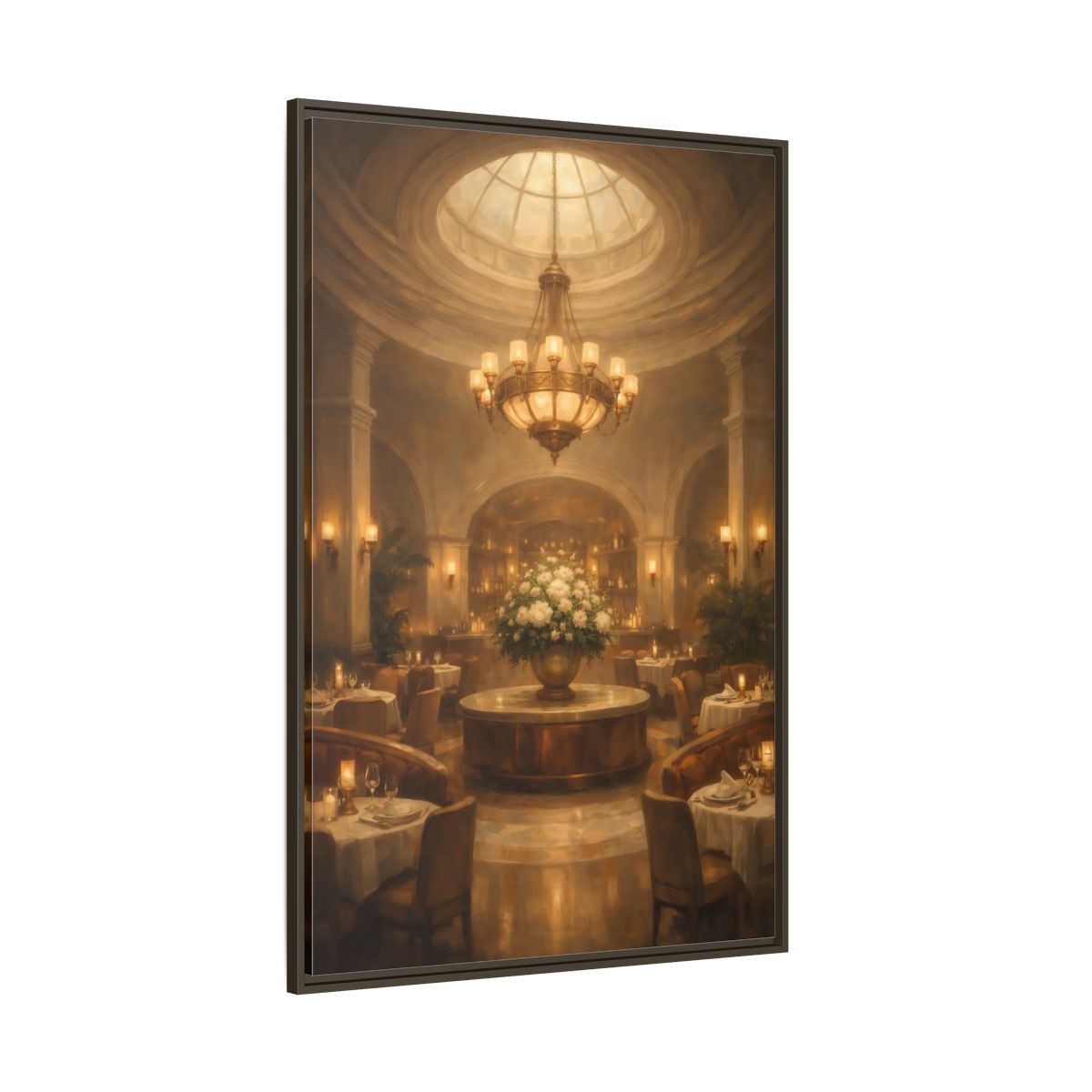 Side Mockup 8. Vintage Luxury Restaurant Warm Luxury Interior shown as stretched canvas wall art