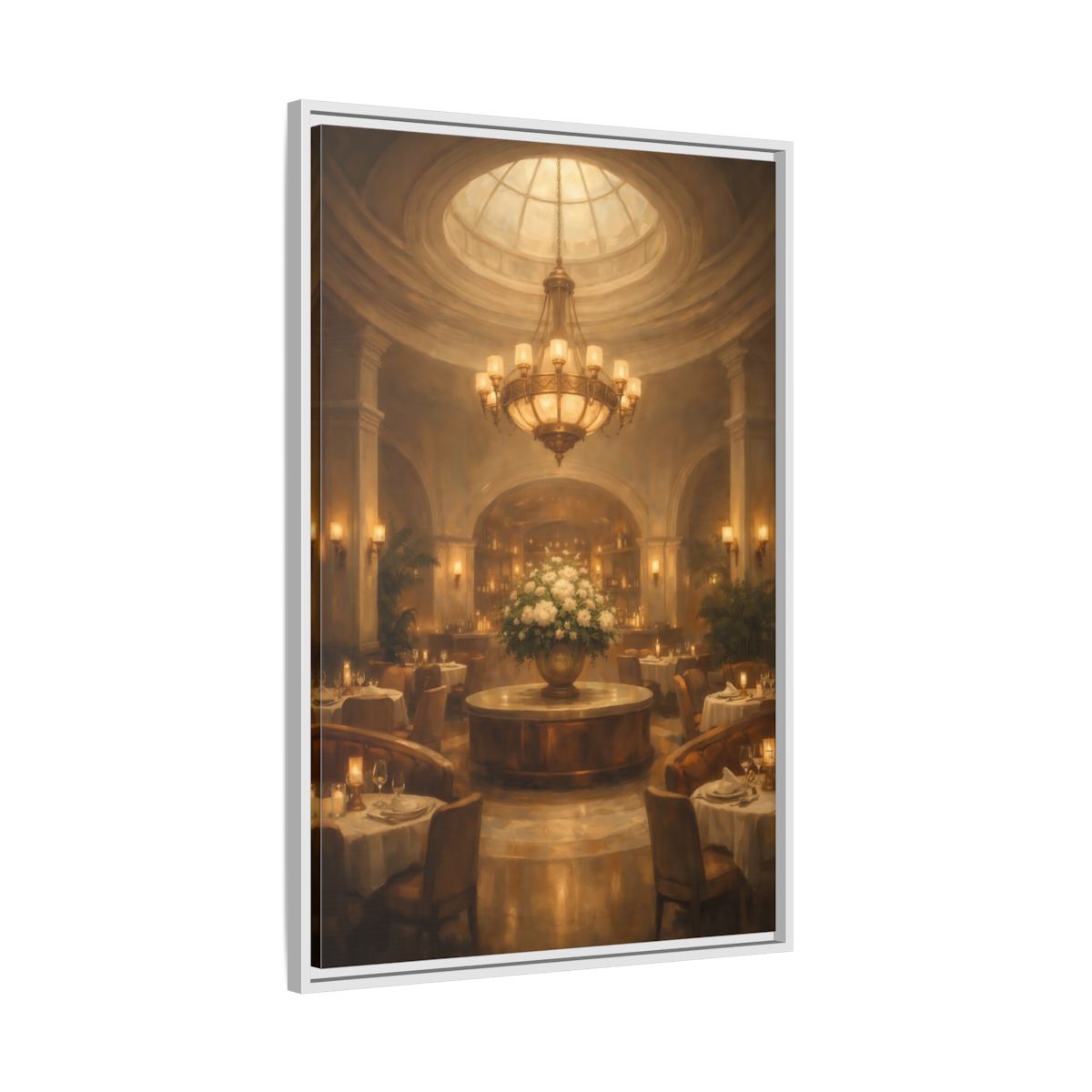 Side Mockup 9. Vintage Luxury Restaurant Warm Luxury Interior shown as stretched canvas wall art
