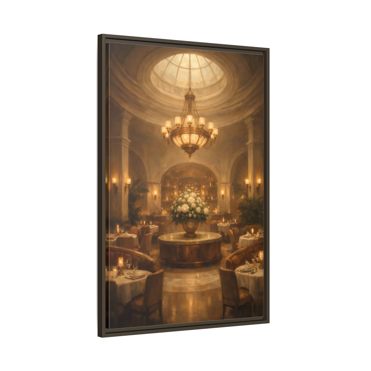 Side Mockup 10. Vintage Luxury Restaurant Warm Luxury Interior shown as stretched canvas wall art
