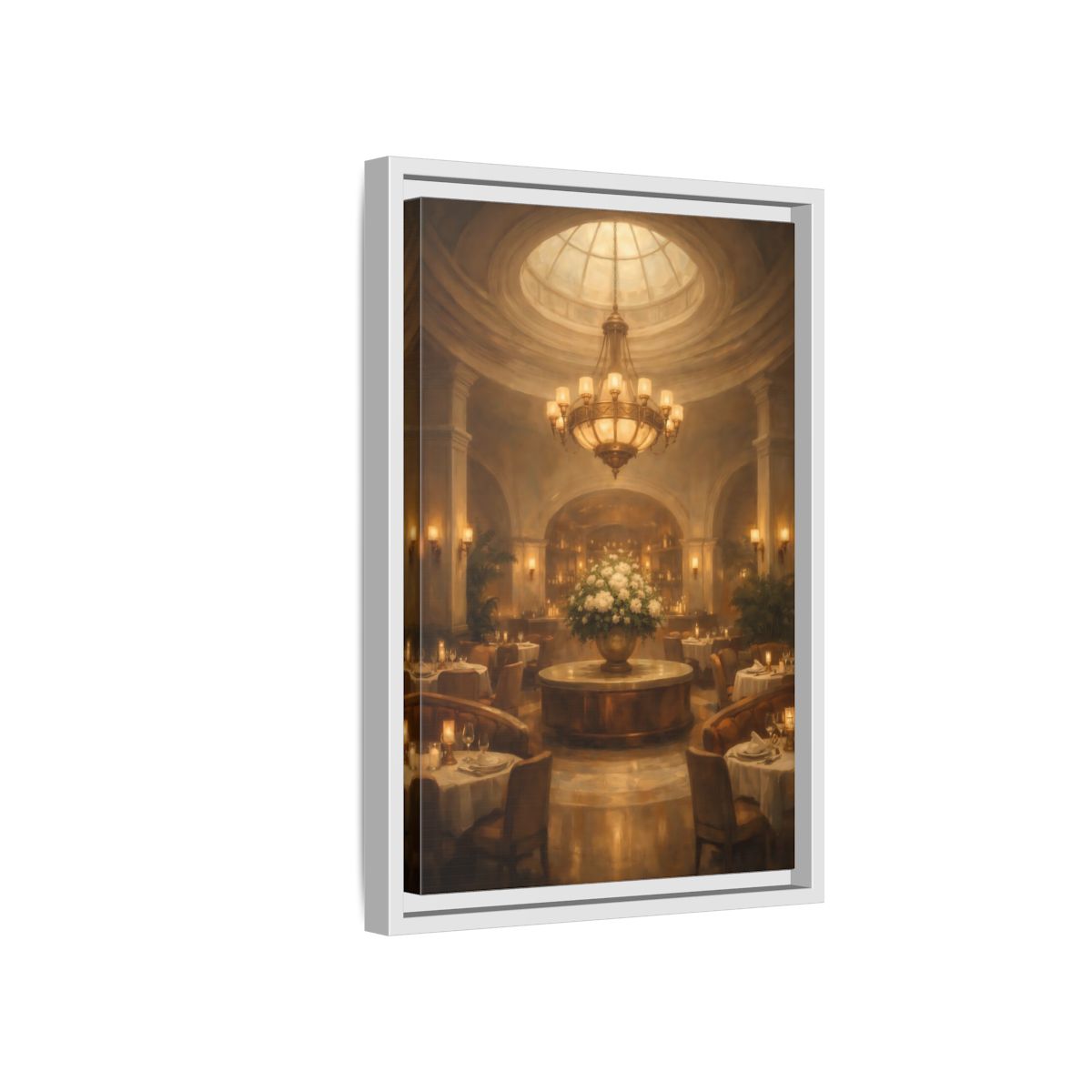 Side Mockup 4. Vintage Luxury Restaurant Warm Luxury Interior shown as stretched canvas wall art