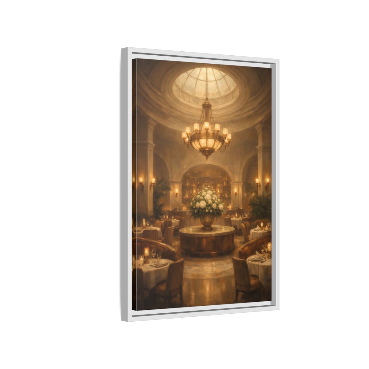 Side Mockup 1. Vintage Luxury Restaurant Warm Luxury Interior shown as stretched canvas wall art