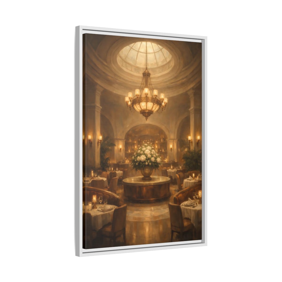 Side Mockup 11. Vintage Luxury Restaurant Warm Luxury Interior shown as stretched canvas wall art