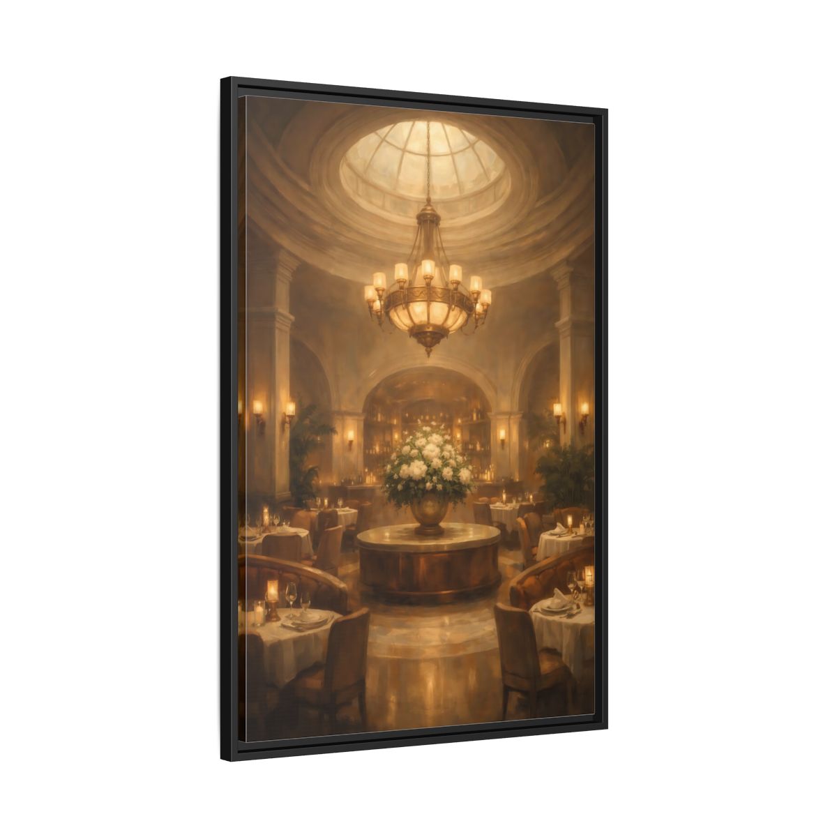 Side Mockup 13. Vintage Luxury Restaurant Warm Luxury Interior shown as stretched canvas wall art