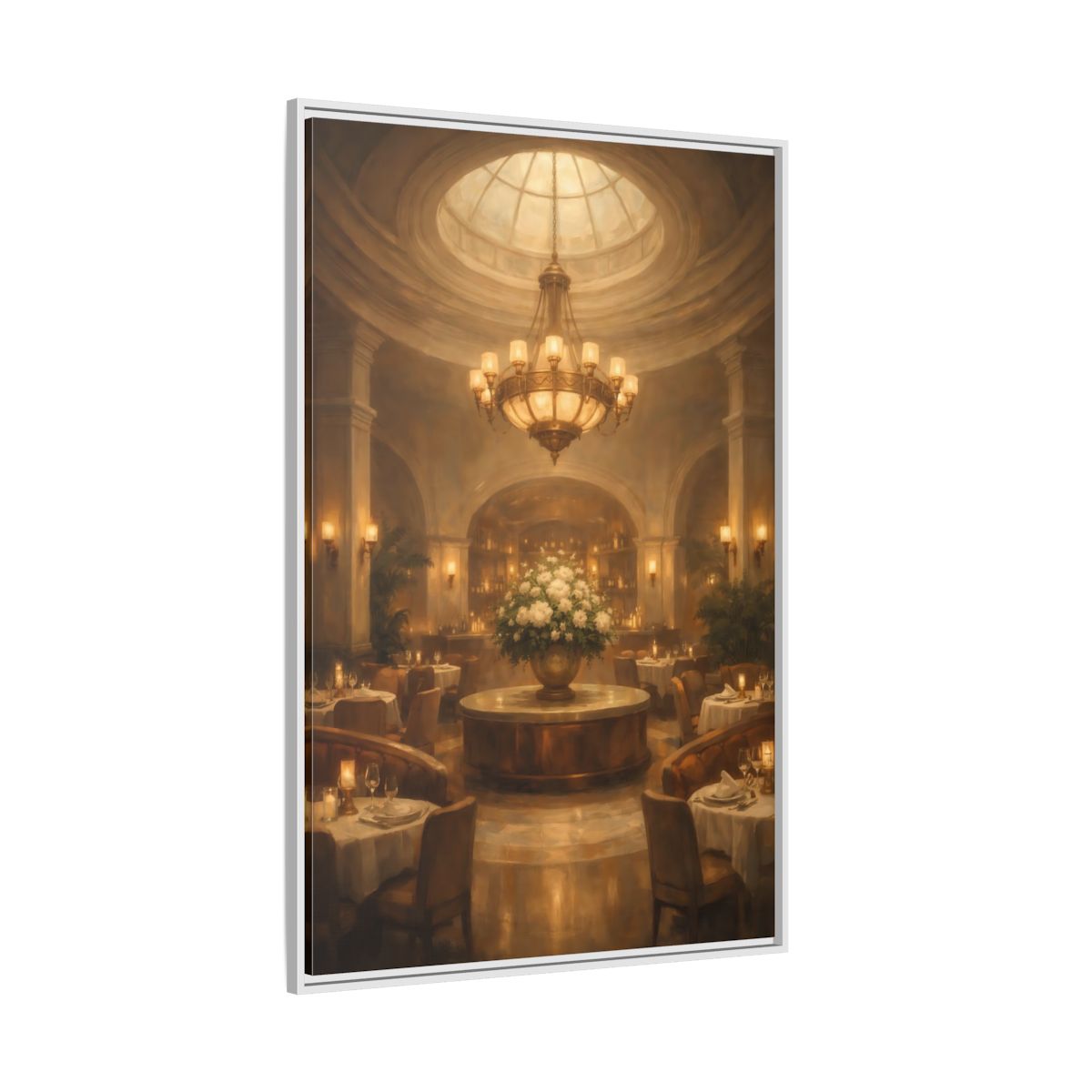 Side Mockup 7. Vintage Luxury Restaurant Warm Luxury Interior shown as stretched canvas wall art