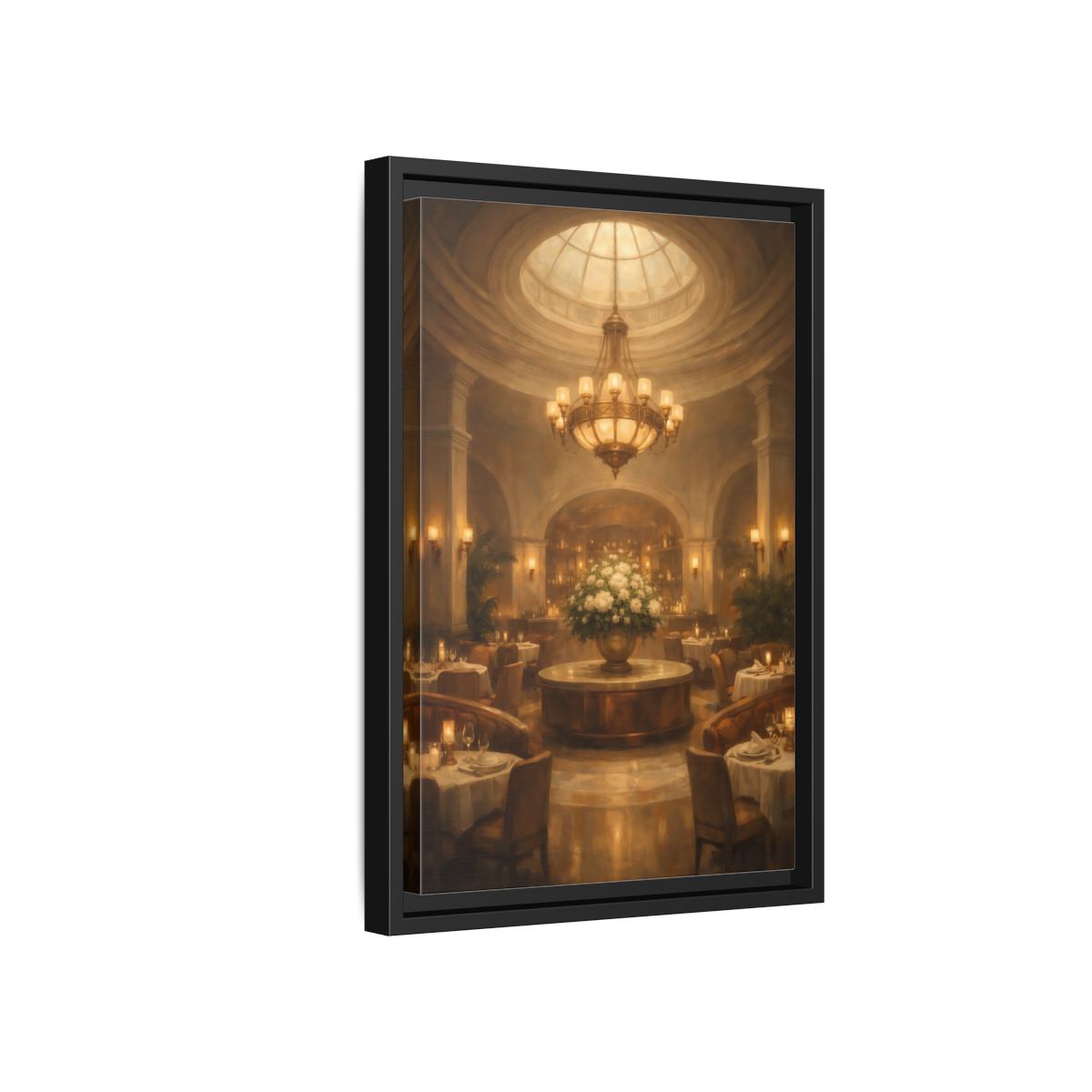 Side Mockup 6. Vintage Luxury Restaurant Warm Luxury Interior shown as stretched canvas wall art