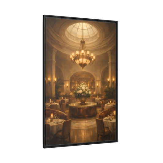 Main Mockup. Vintage Luxury Restaurant Warm Luxury Interior shown as stretched canvas wall art