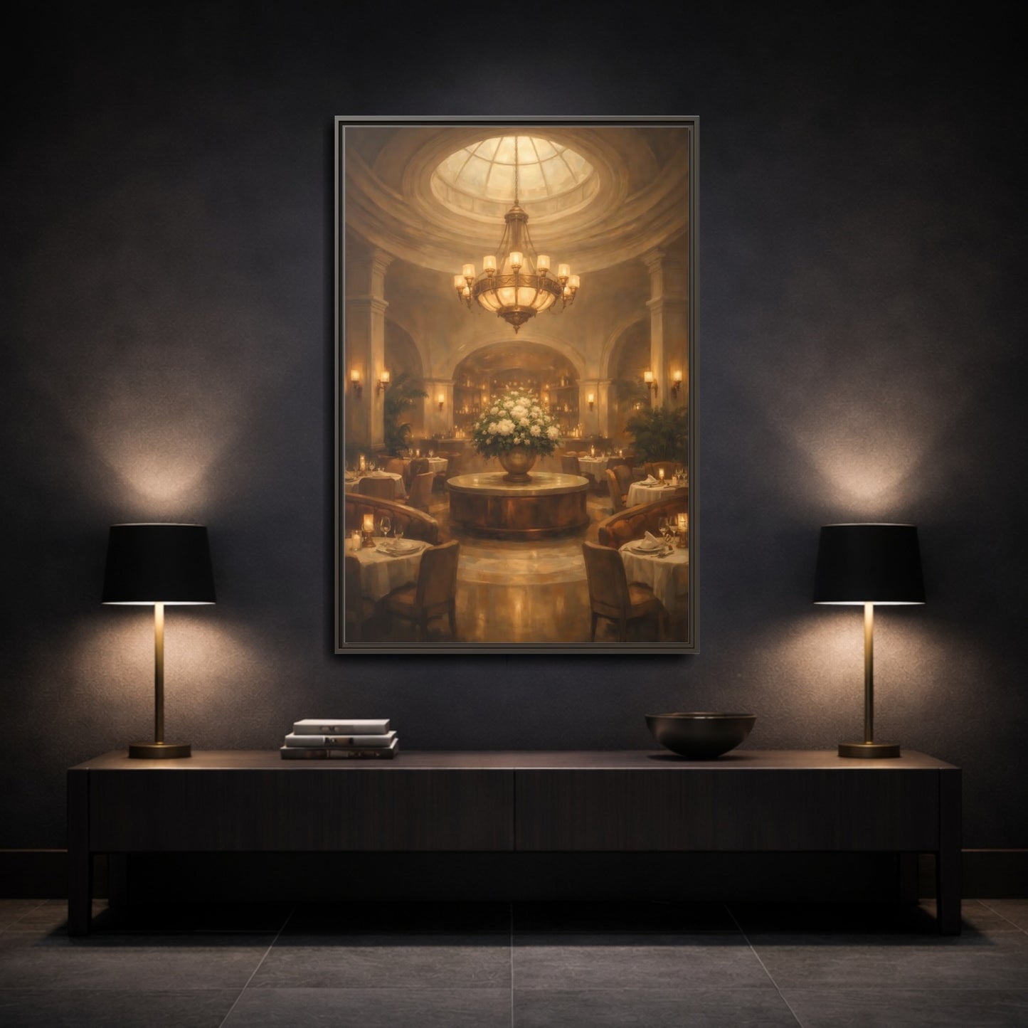 Mockup 2. Vintage Luxury Restaurant Warm Luxury Interior shown as stretched canvas wall art