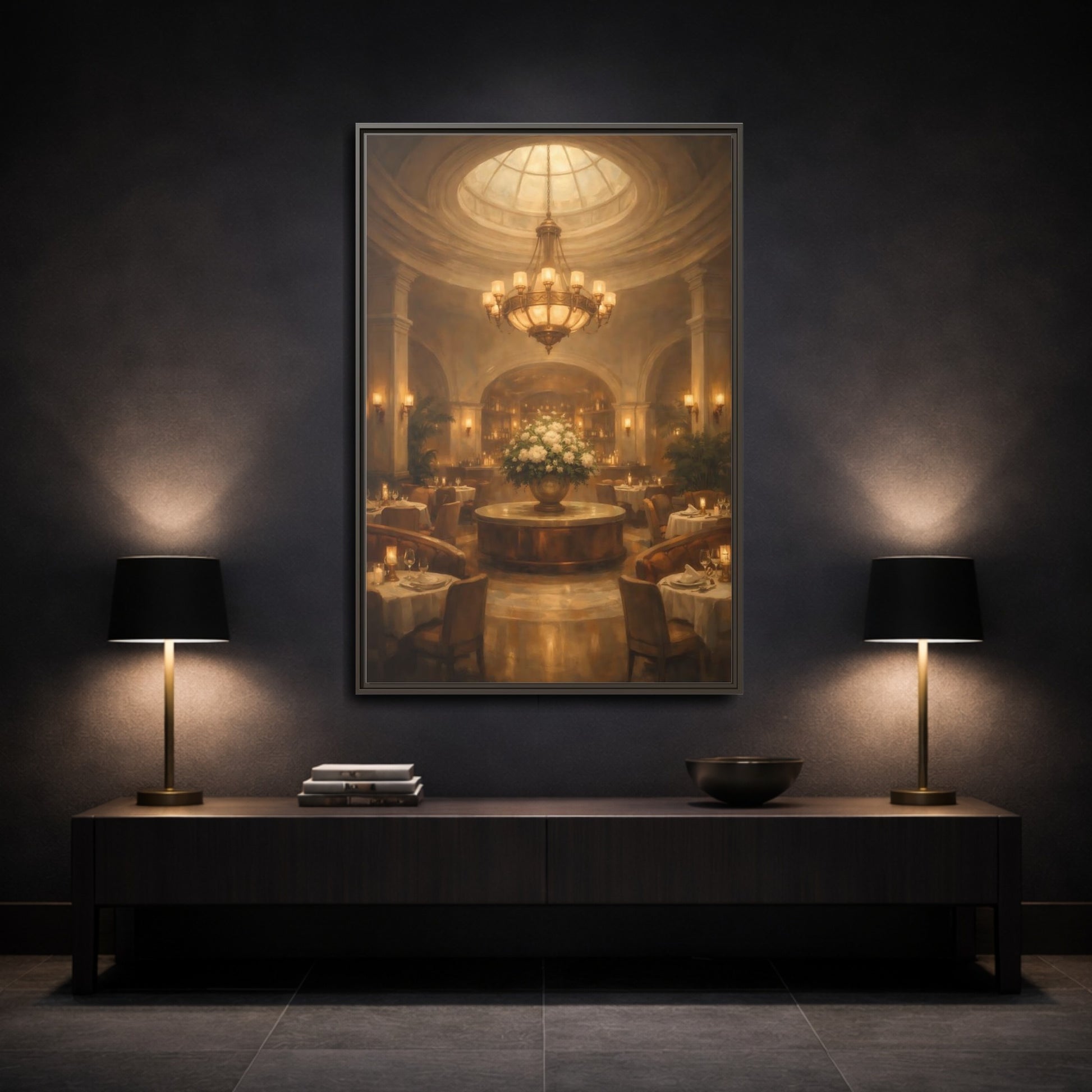 Mockup 2. Vintage Luxury Restaurant Warm Luxury Interior shown as stretched canvas wall art