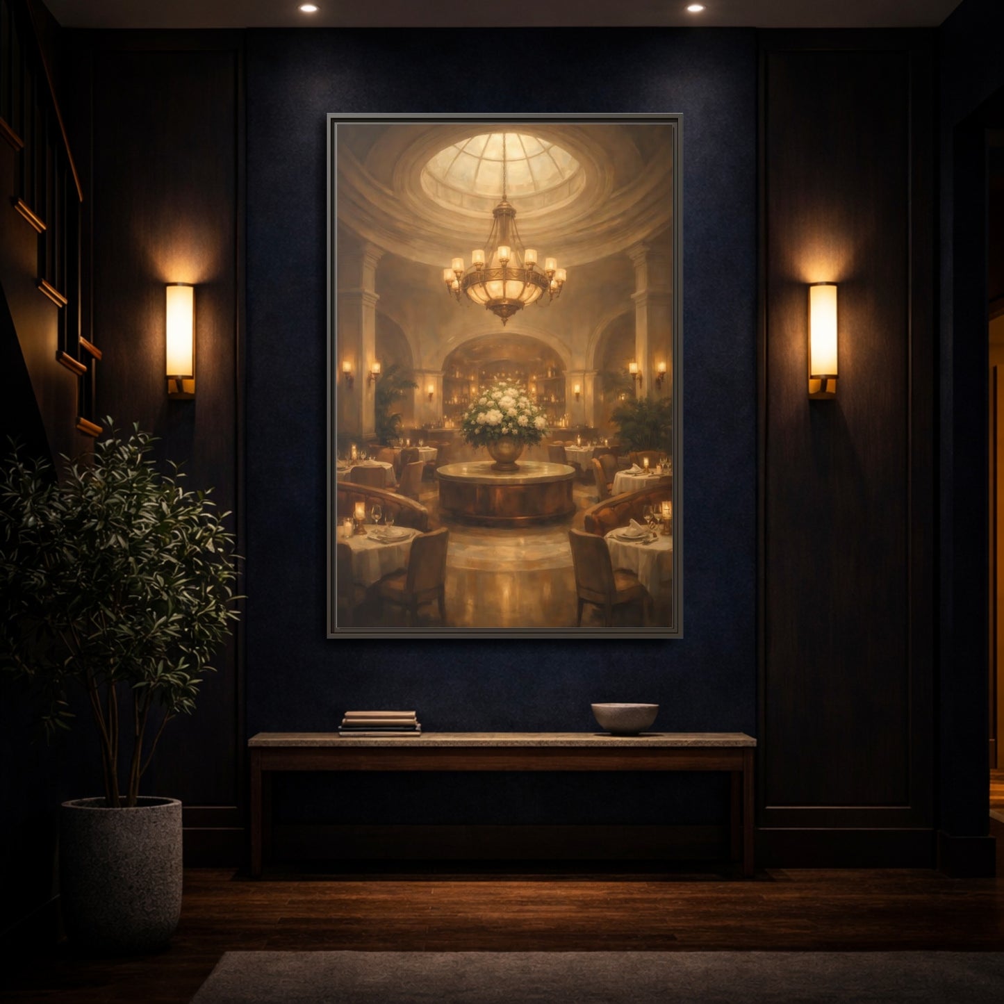 Mockup 3. Vintage Luxury Restaurant Warm Luxury Interior shown as stretched canvas wall art