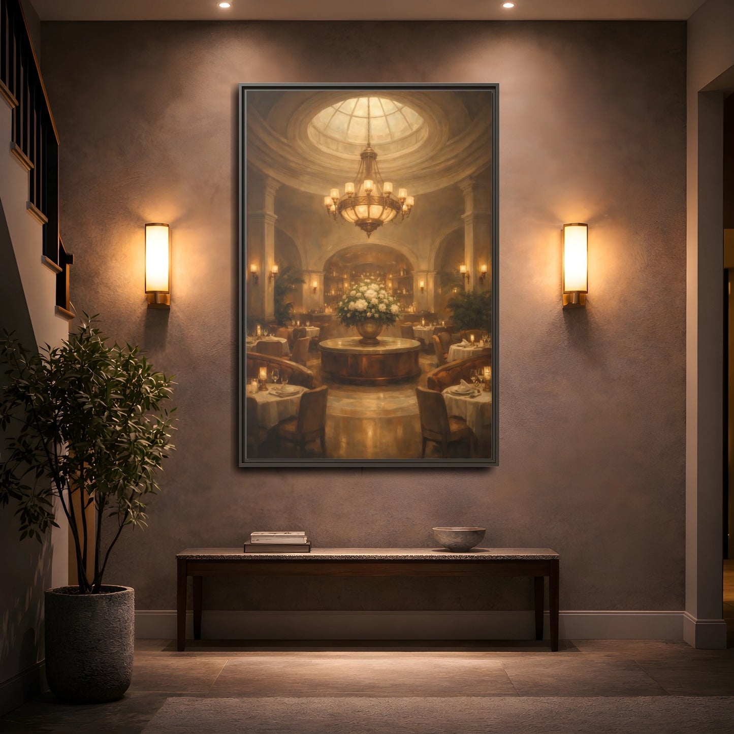 Mockup 4. Vintage Luxury Restaurant Warm Luxury Interior shown as stretched canvas wall art