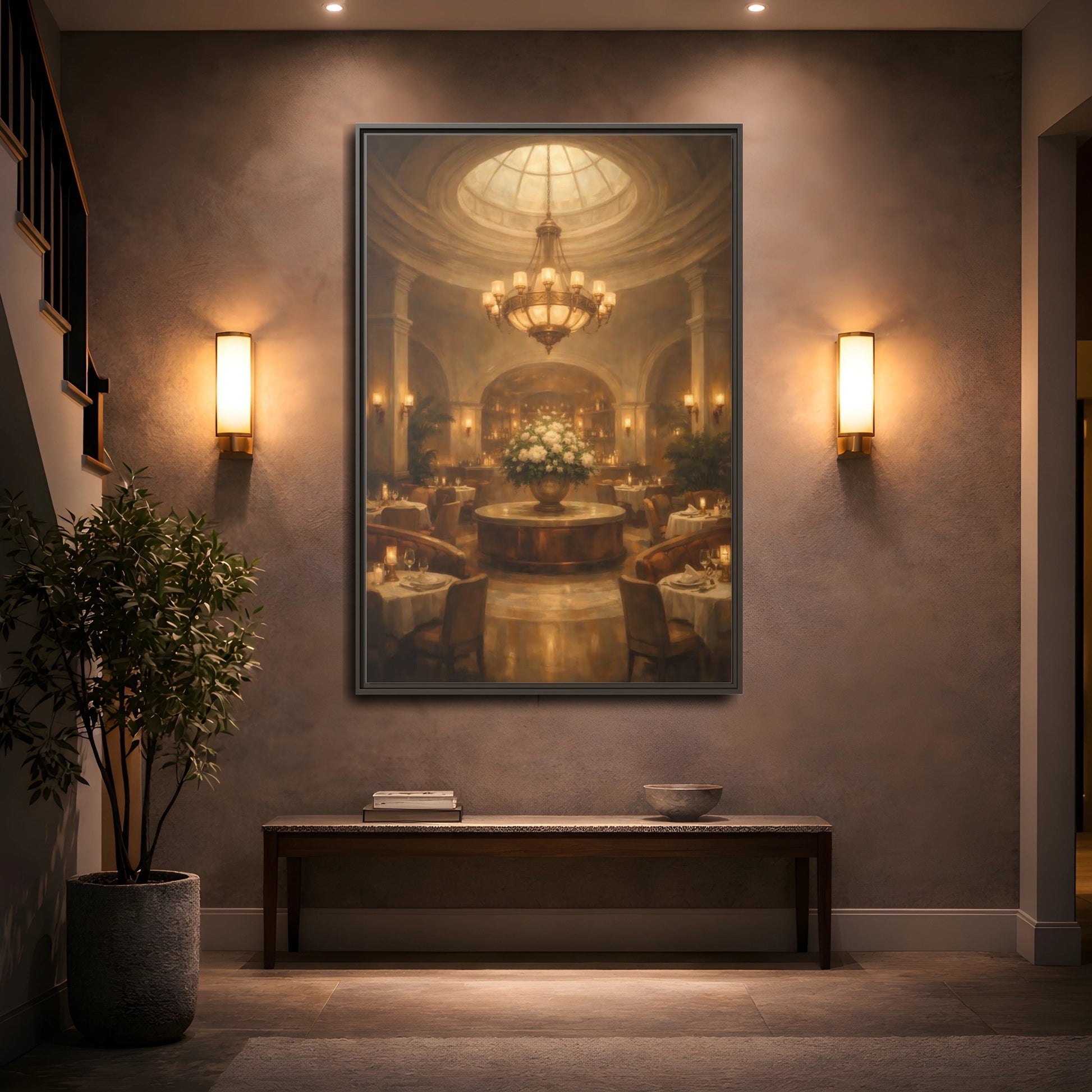 Mockup 4. Vintage Luxury Restaurant Warm Luxury Interior shown as stretched canvas wall art
