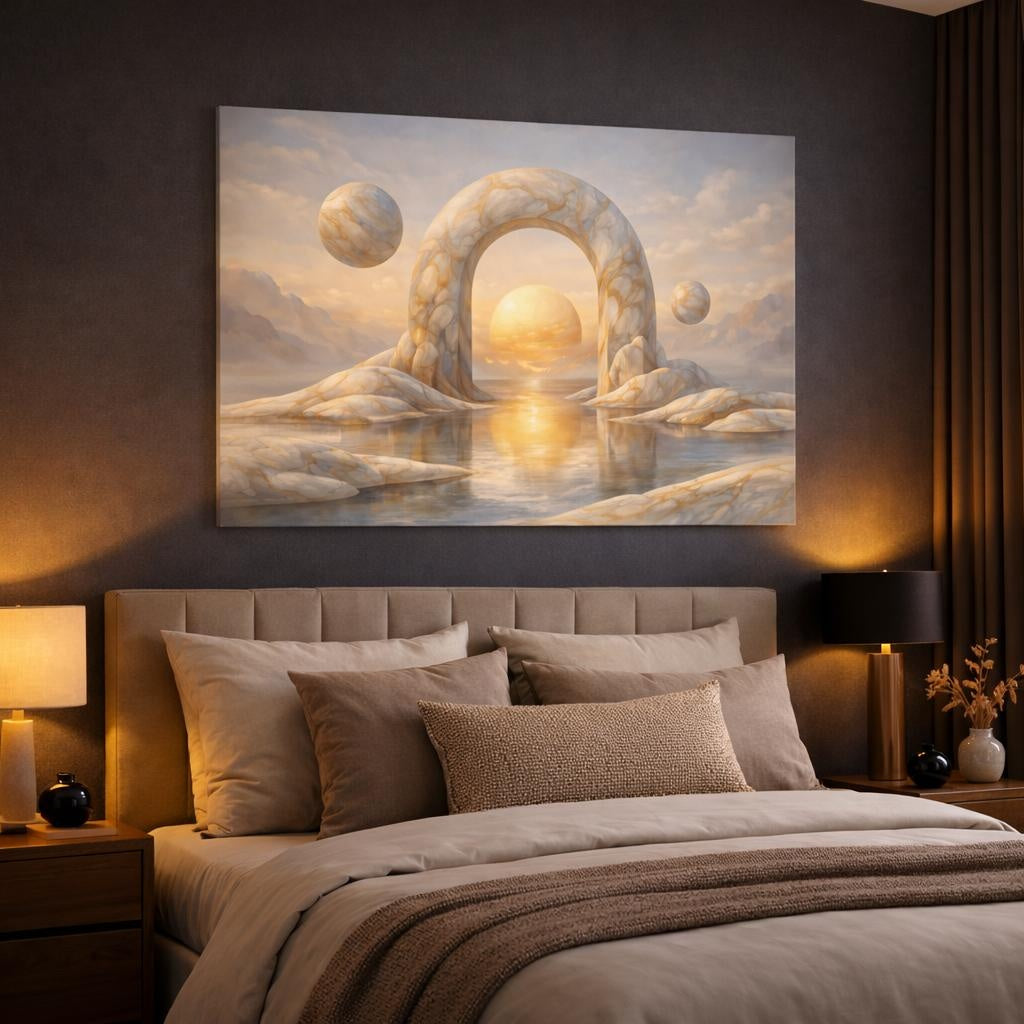 Vintage Marble Abstract shown as canvas wall art in a luxury bedroom