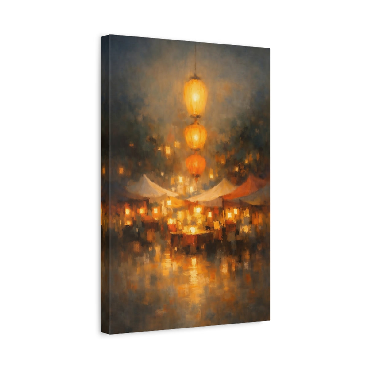 Side Mockup 4. Vintage Market Lanterns Golden Market shown as stretched canvas wall art